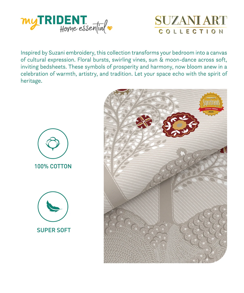 Home Essential  Suzani King Bedsheet, Zulfiyan|144TC Cotton| 2 Pillow Covers