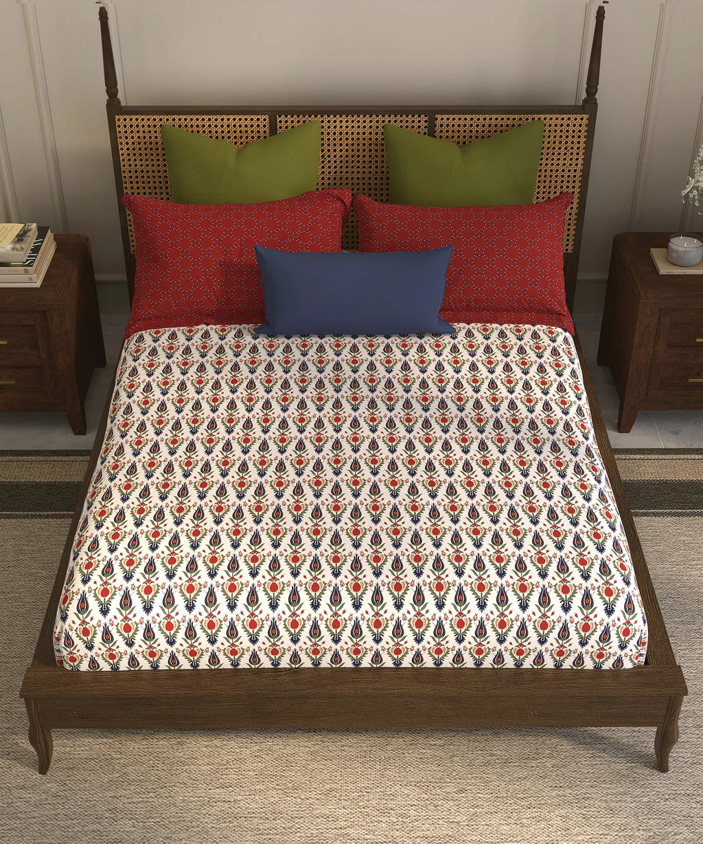 Home Essential Suzani King Fitted Bedsheet Set, Bahar|144 TC Cotton| 2 Pillow Covers