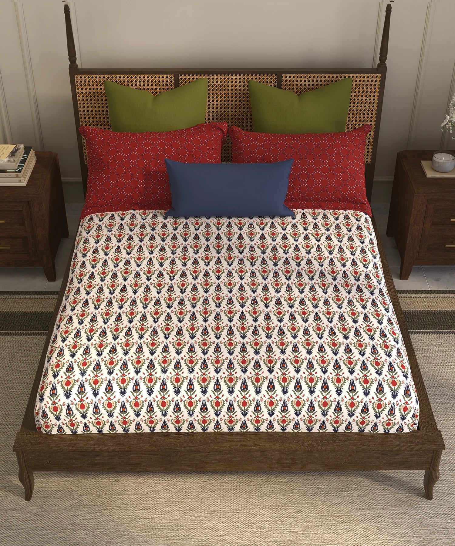 Home Essential Suzani King Fitted Bedsheet Set, Bahar|144 TC Cotton| 2 Pillow Covers