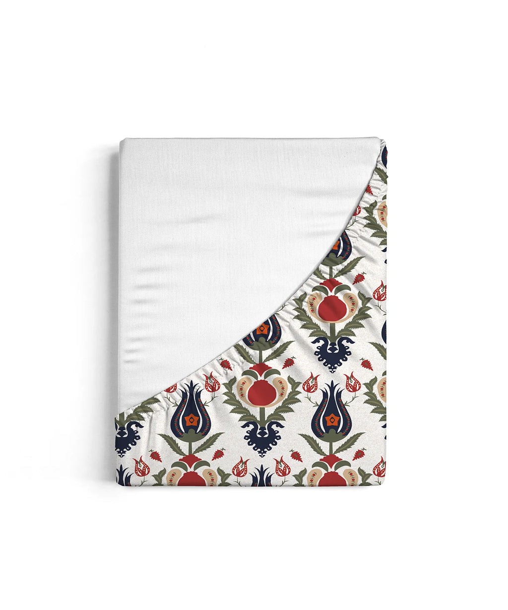 Home Essential Suzani King Fitted Bedsheet Set, Bahar|144 TC Cotton| 2 Pillow Covers