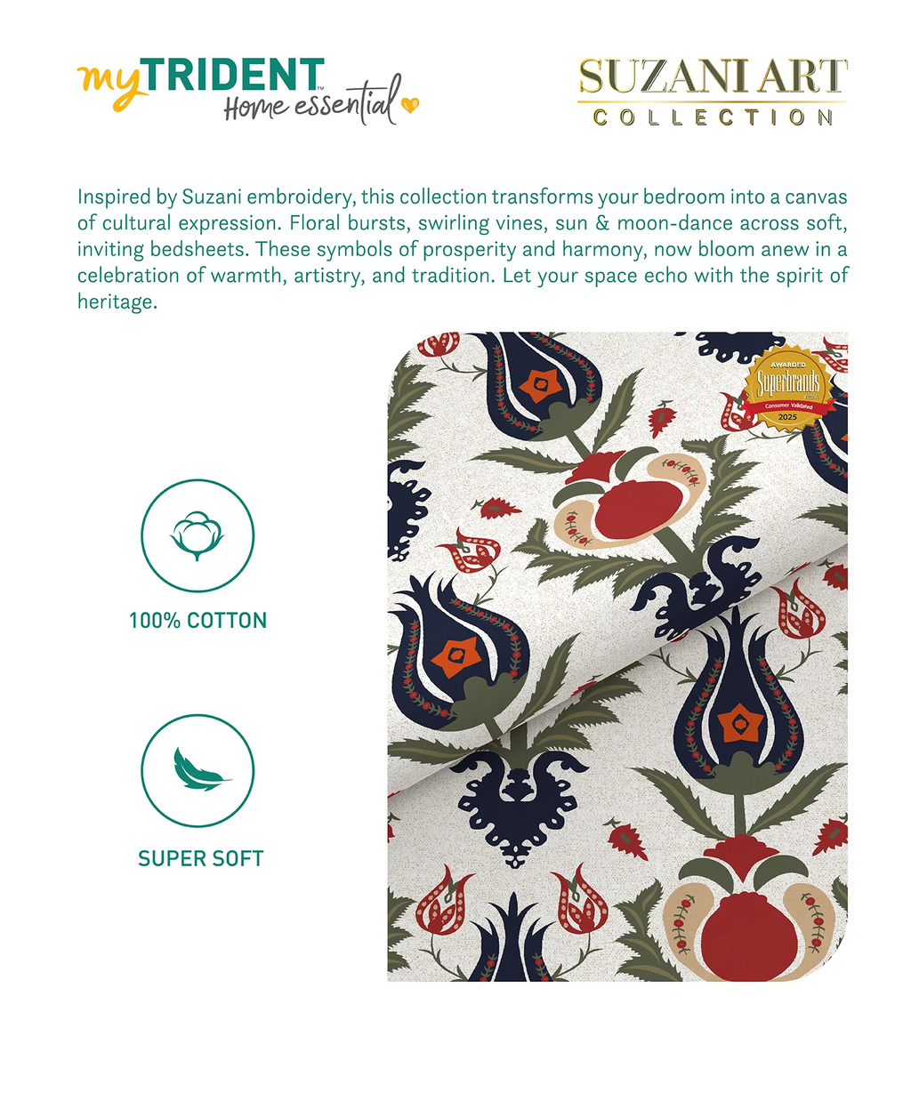 Home Essential Suzani King Fitted Bedsheet Set, Bahar|144 TC Cotton| 2 Pillow Covers