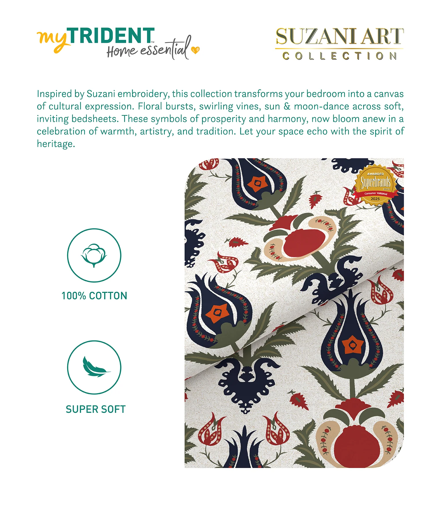 Home Essential Suzani King Fitted Bedsheet Set, Bahar|144 TC Cotton| 2 Pillow Covers