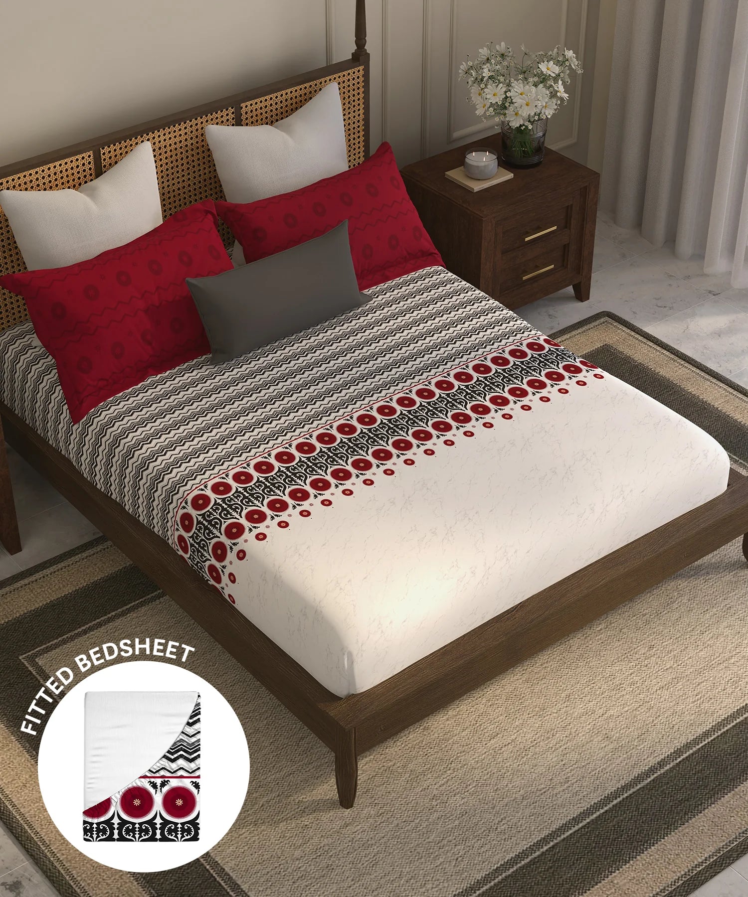 Home Essential Suzani King Fitted Bedsheet Set, Chaand Bagh|144 TC Cotton| 2 Pillow Covers