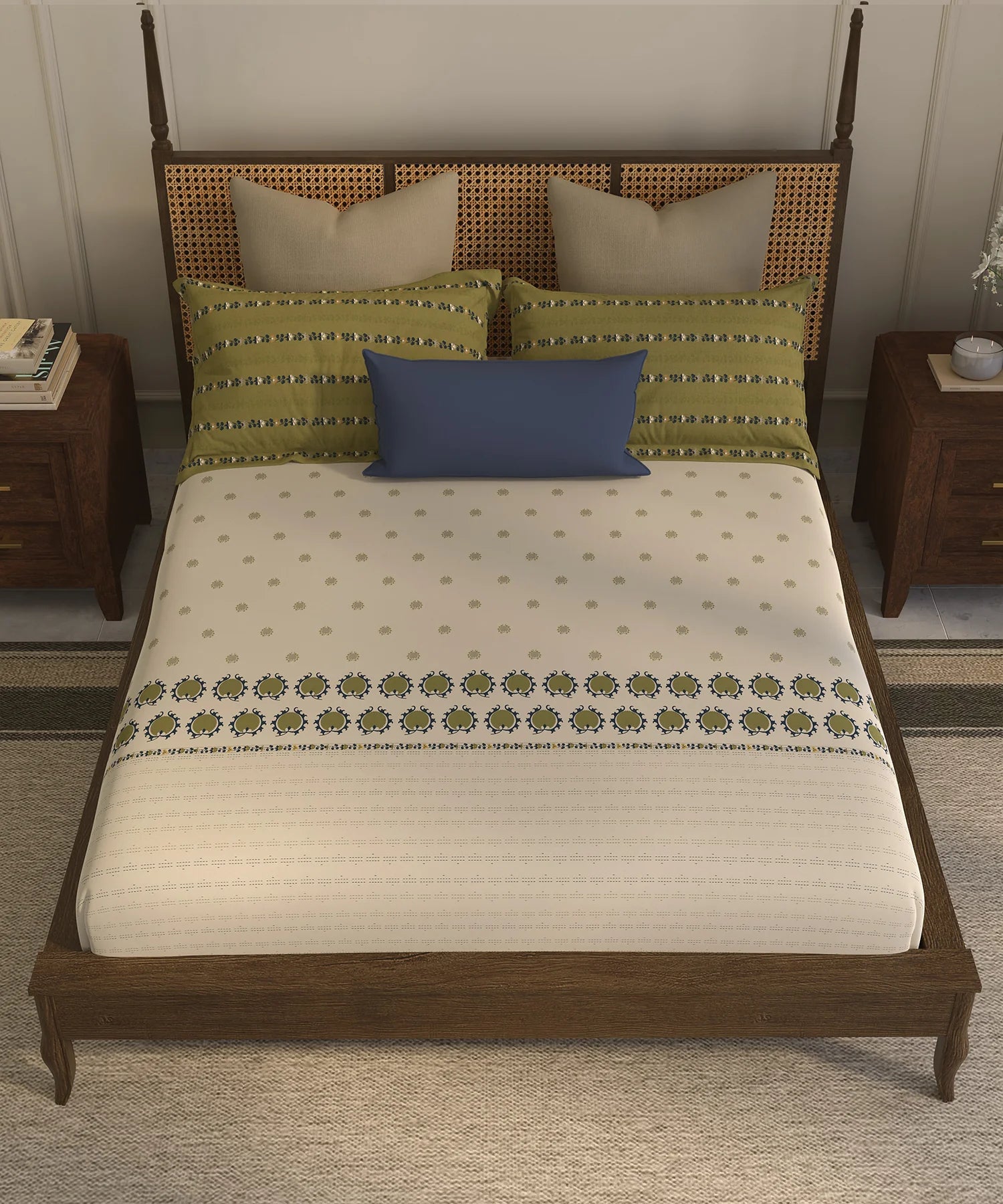 Home Essential Suzani King Fitted Bedsheet Set, Nagma|144 TC Cotton| 2 Pillow Covers