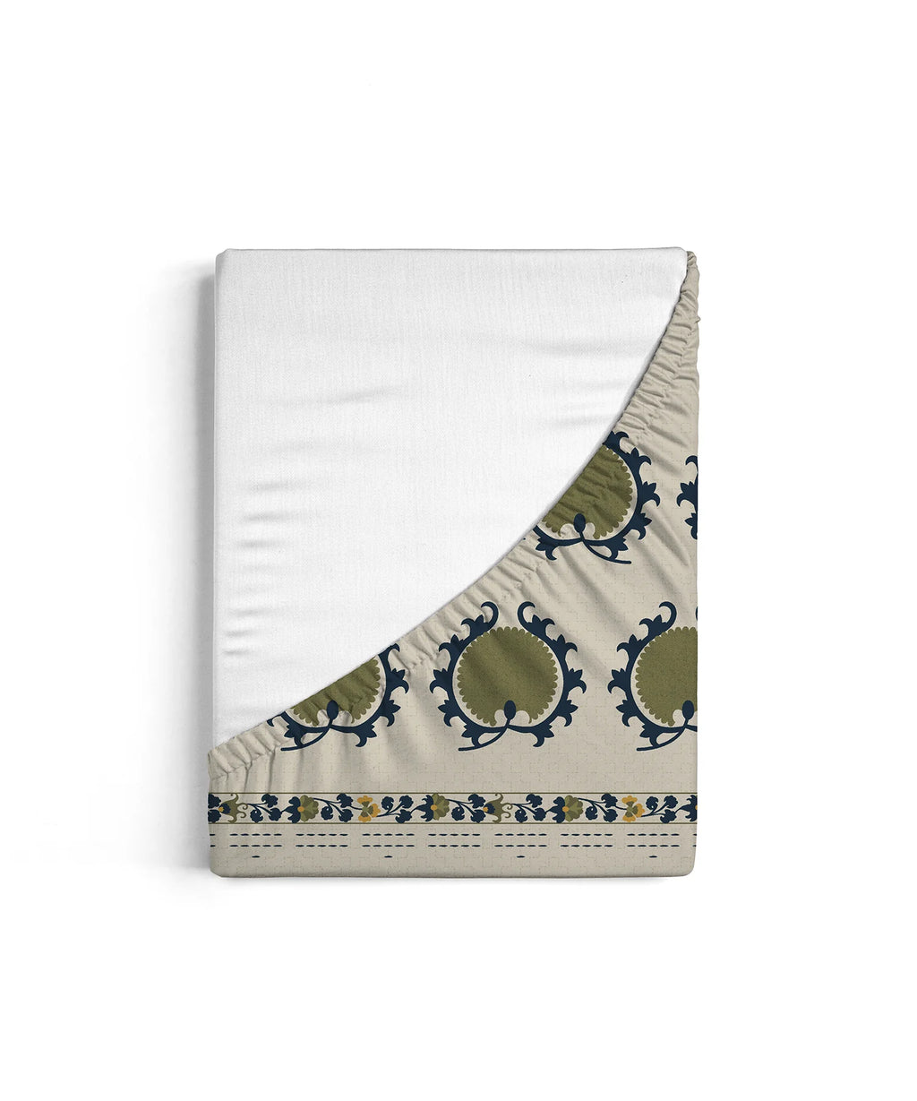 Home Essential Suzani King Fitted Bedsheet Set, Nagma|144 TC Cotton| 2 Pillow Covers
