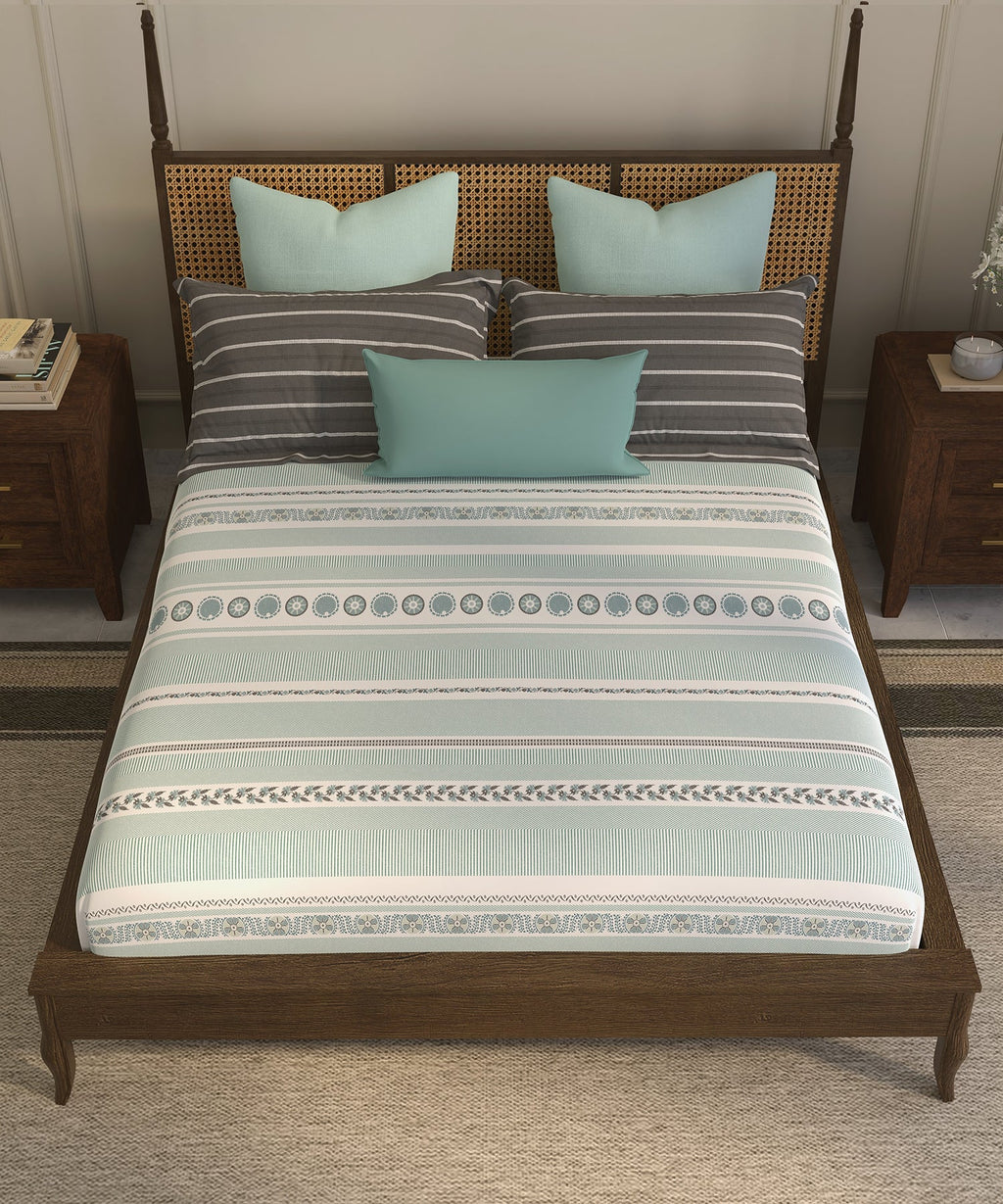 Home Essential Suzani King Fitted Bedsheet Set, Naqsh|144 TC Cotton| 2 Pillow Covers