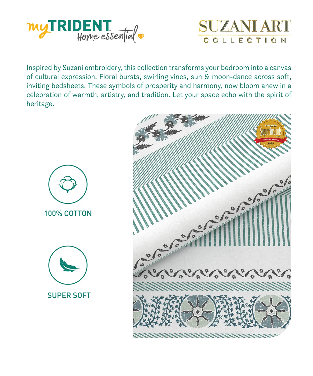 Home Essential Suzani King Fitted Bedsheet Set, Naqsh|144 TC Cotton| 2 Pillow Covers