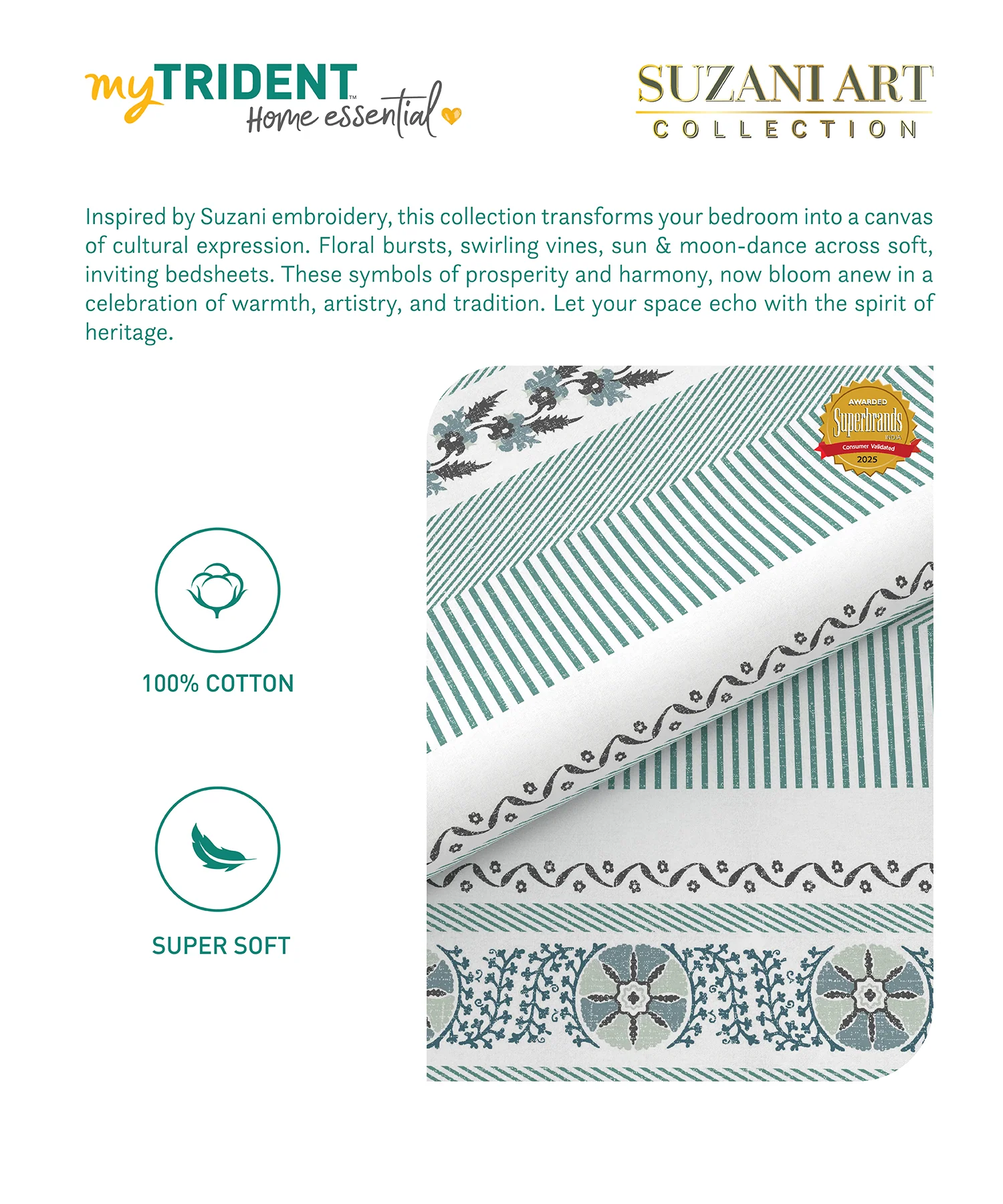 Home Essential Suzani King Fitted Bedsheet Set, Naqsh|144 TC Cotton| 2 Pillow Covers