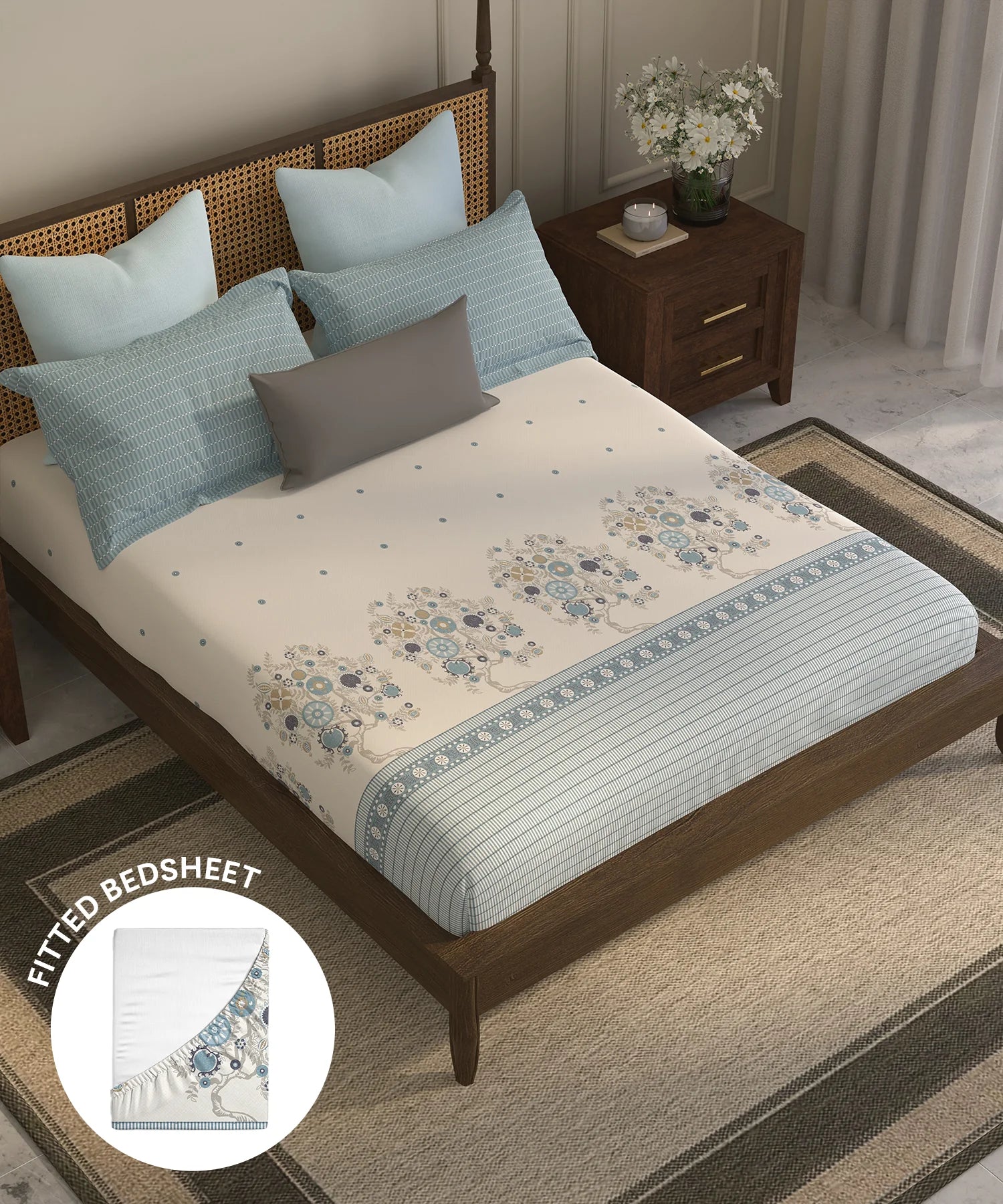 Home Essential Suzani King Fitted Bedsheet Set, Resham Raag|144 TC Cotton| 2 Pillow Covers