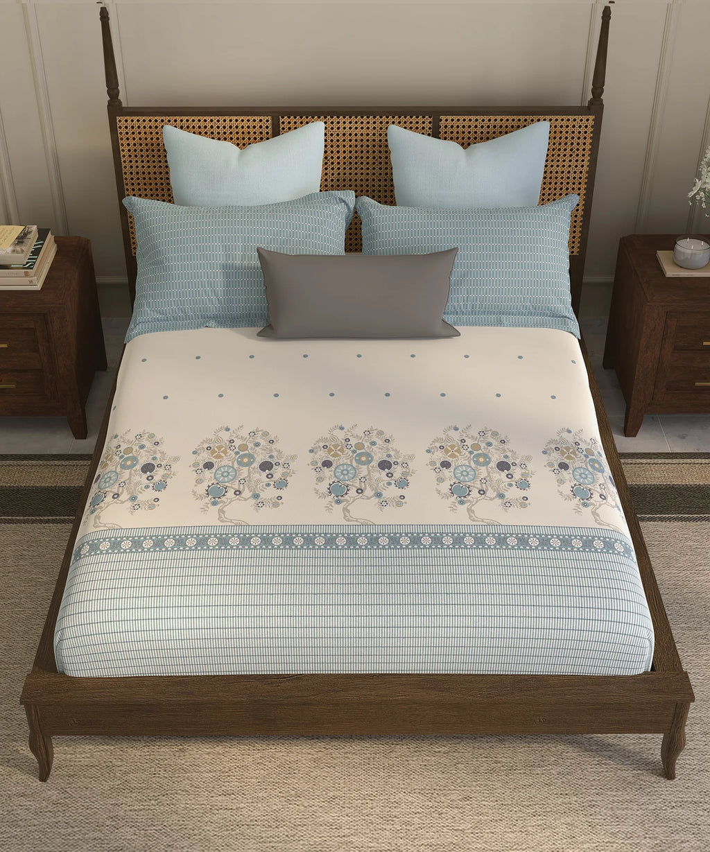 Home Essential Suzani King Fitted Bedsheet Set, Resham Raag|144 TC Cotton| 2 Pillow Covers