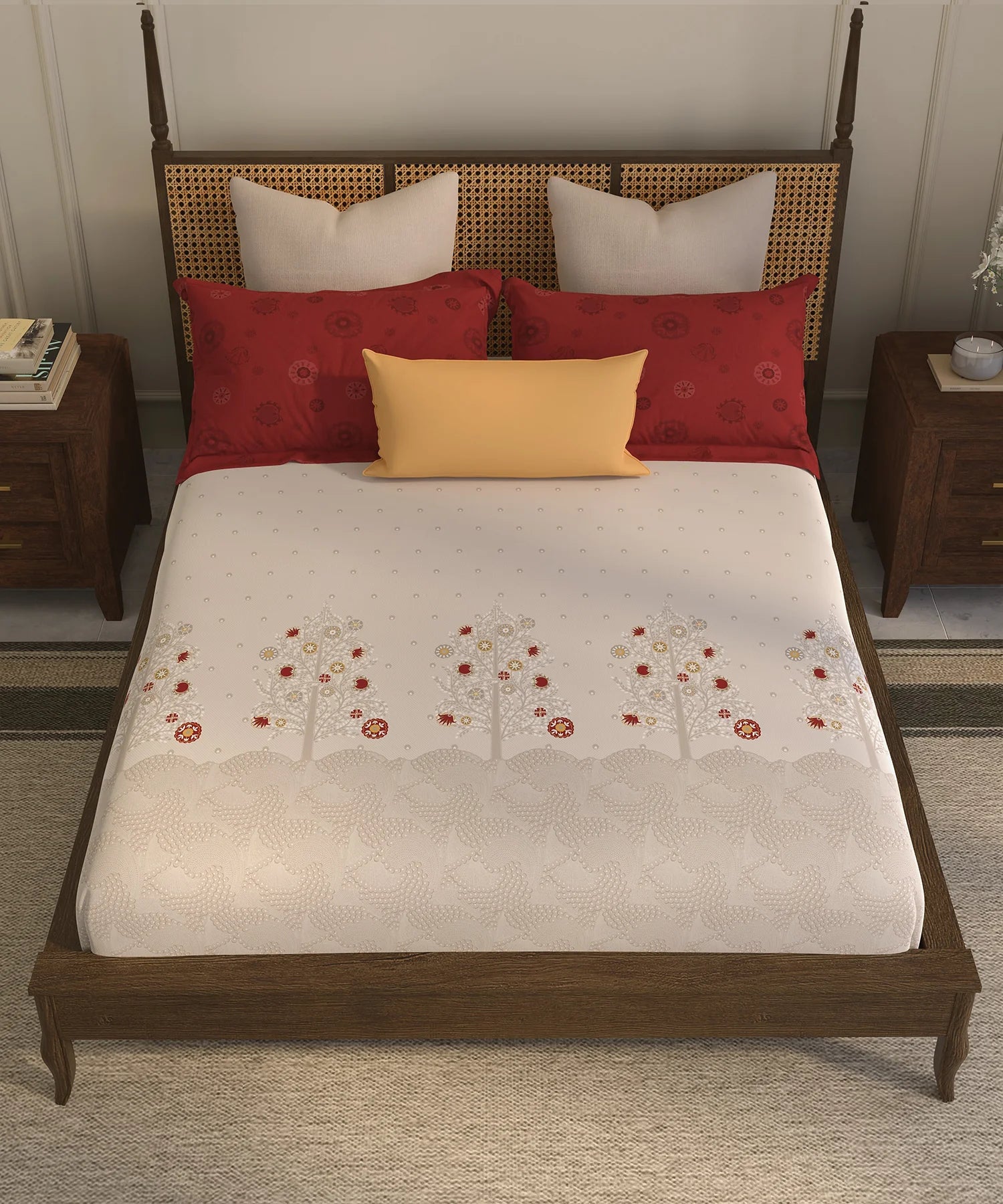 Home Essential Suzani King Fitted Bedsheet Set, Zulfiyan|144 TC Cotton| 2 Pillow Covers