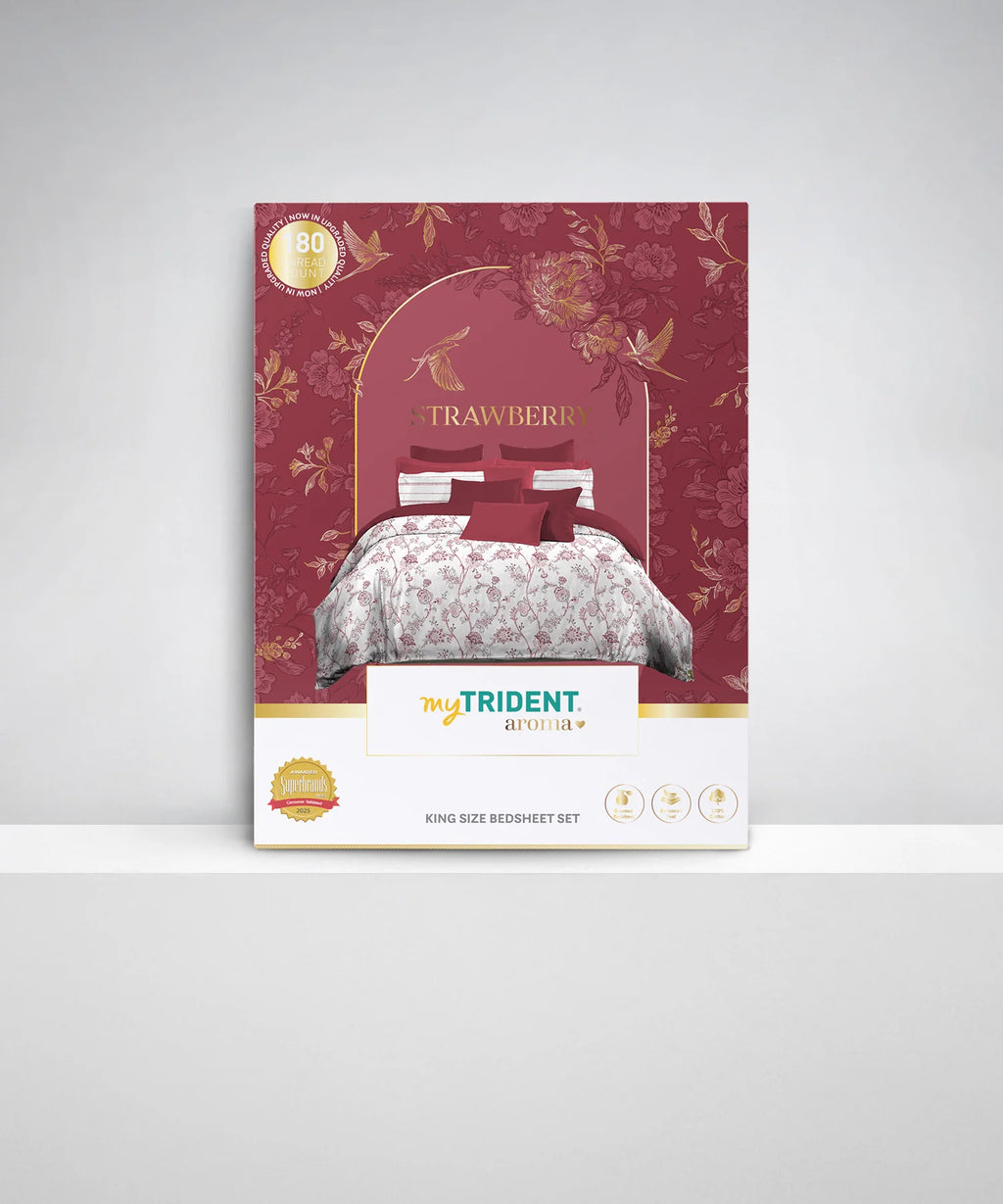 Aroma King Bedsheet Set, Strawberry Botanic Muse|180 TC Cotton|2 Pillow Covers