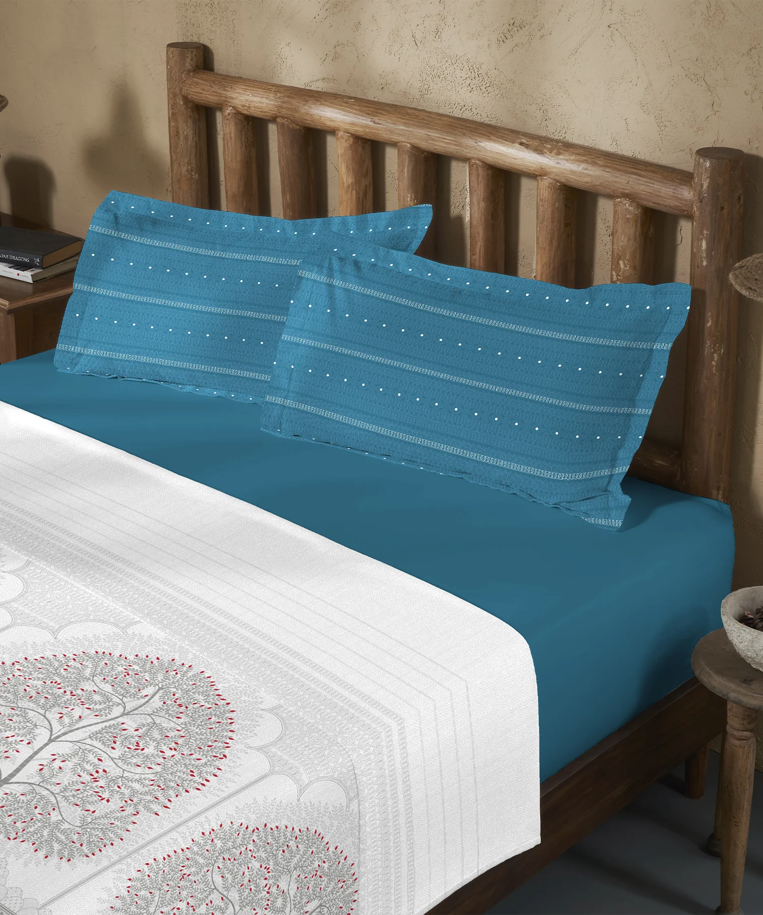 Sanskriti King Bedsheet Gift Set, Gond Art Blue| 180 TC Cotton| 2 Pillow Covers
