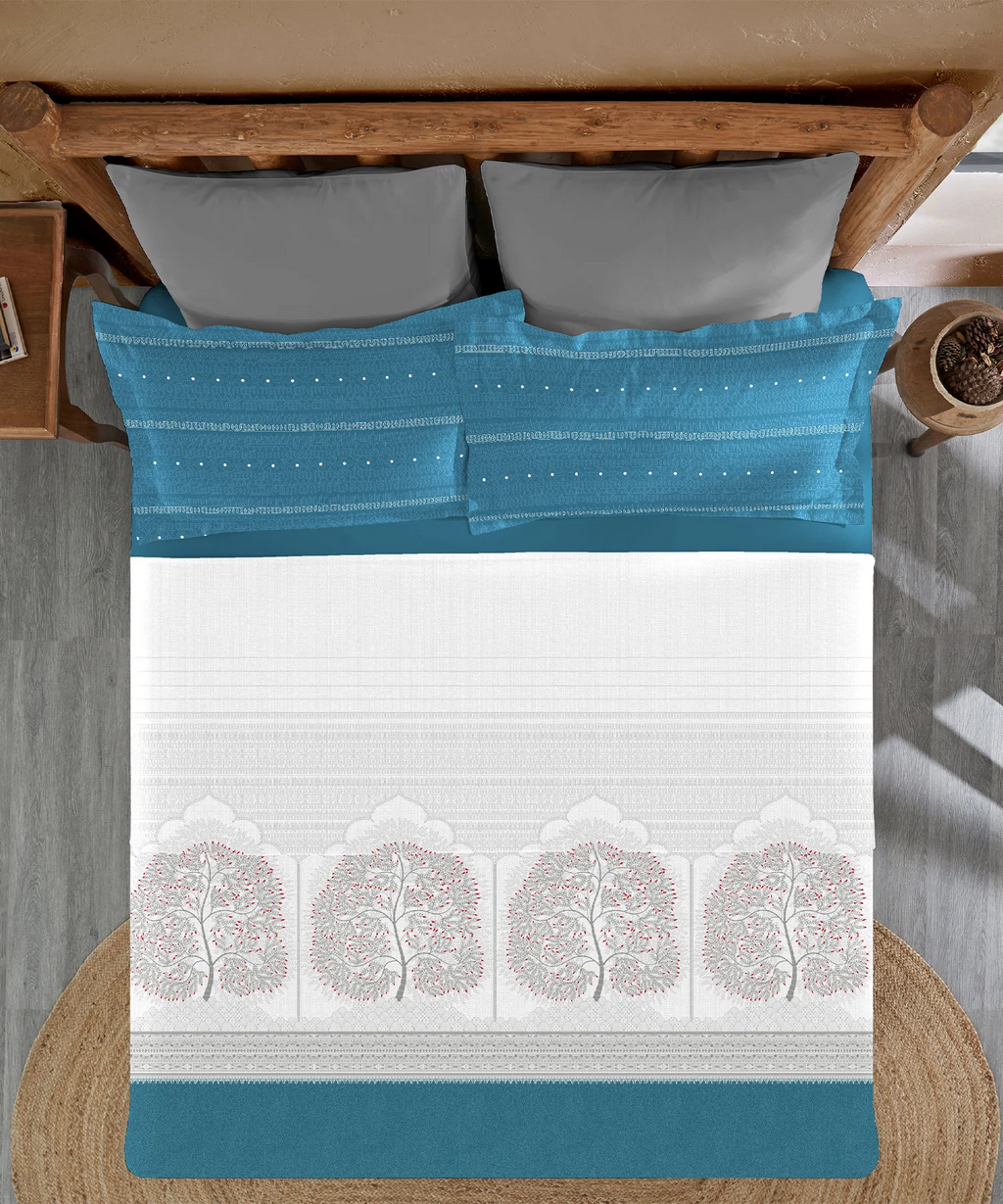 Sanskriti King Bedsheet Gift Set, Gond Art Blue| 180 TC Cotton| 2 Pillow Covers