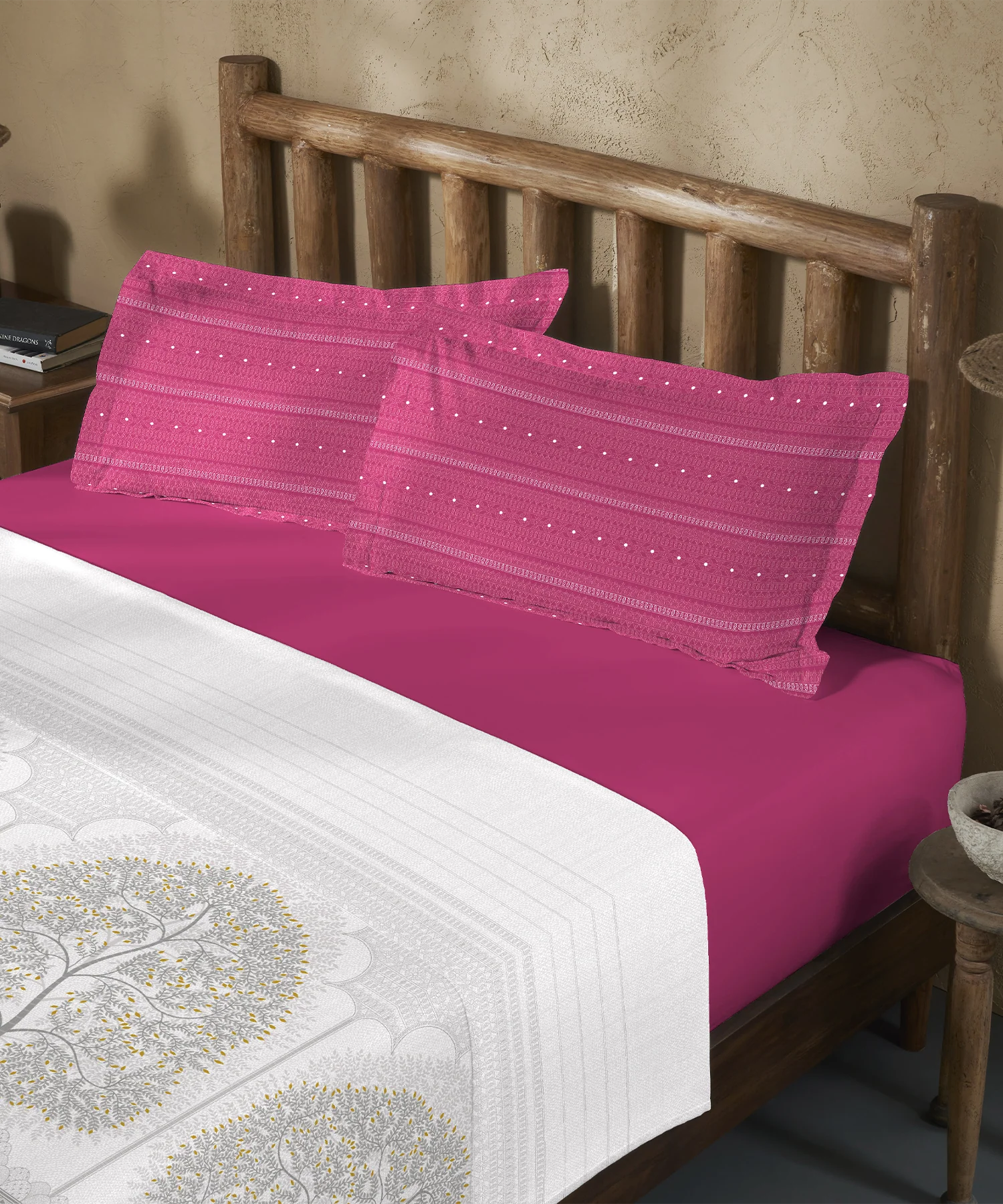 Sanskriti King Bedsheet Gift Set, Gond Art Pink| 180 TC Cotton| 2 Pillow Covers