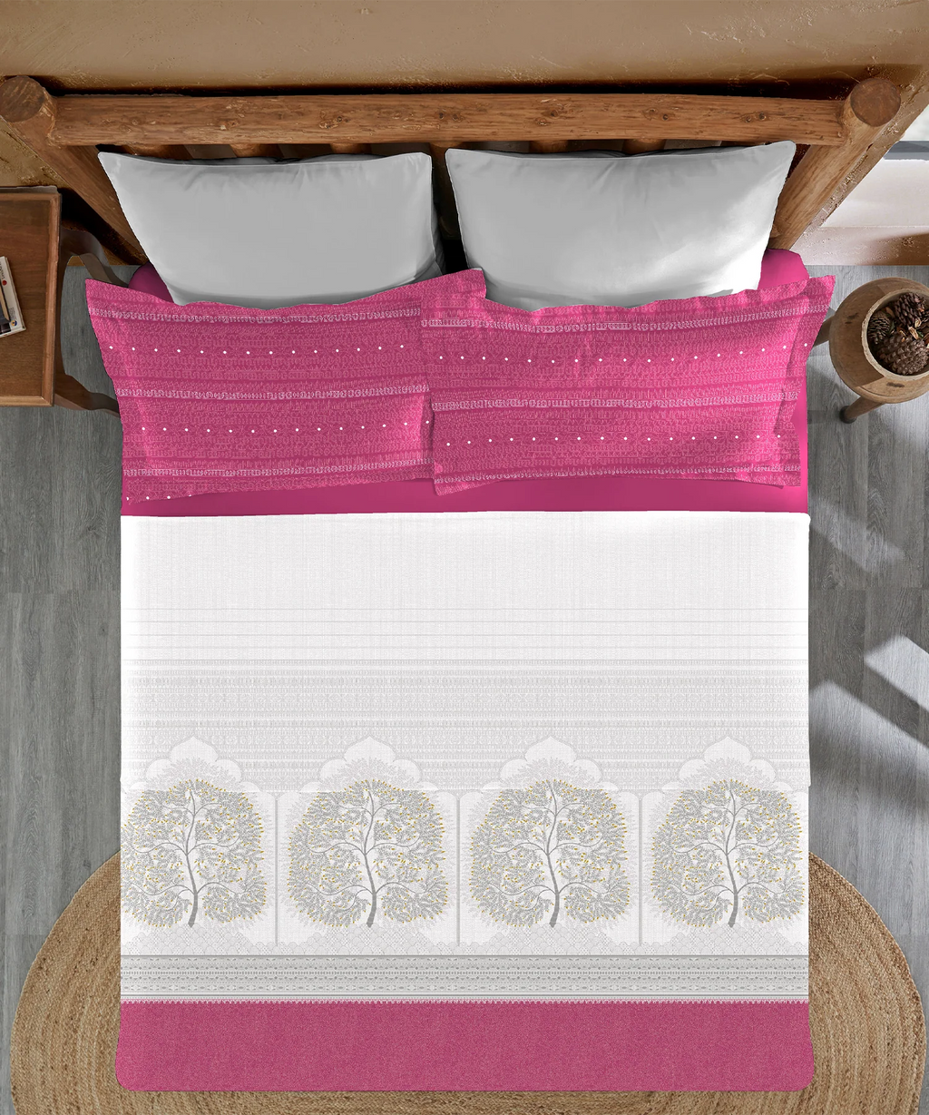 Sanskriti King Bedsheet Gift Set, Gond Art Pink| 180 TC Cotton| 2 Pillow Covers