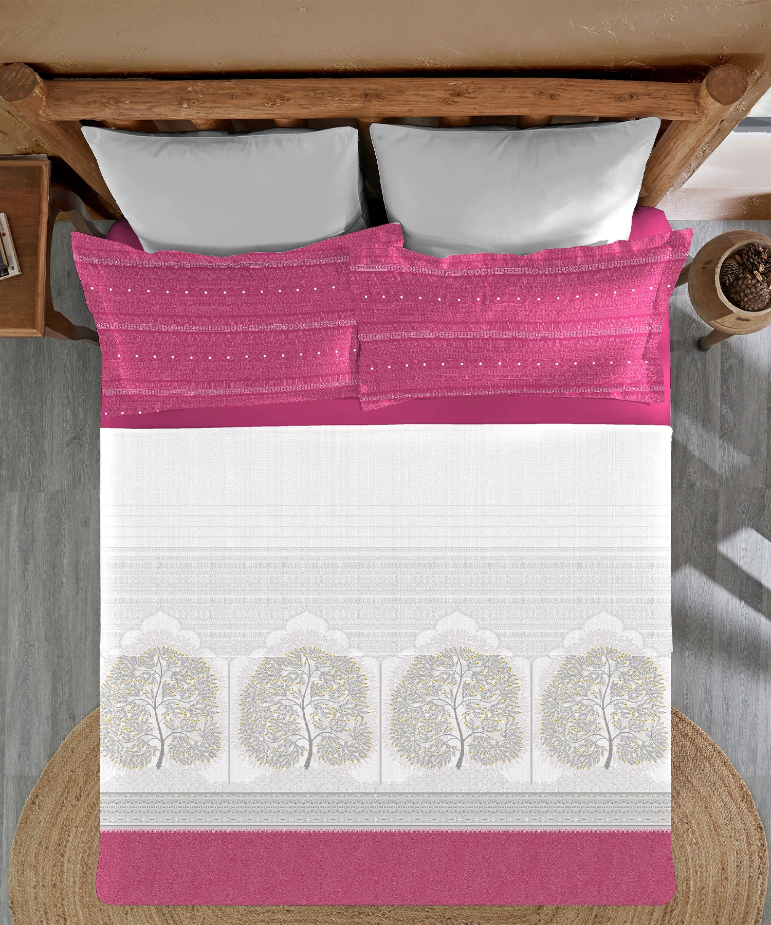 Sanskriti King Bedsheet Gift Set, Gond Art Pink| 180 TC Cotton| 2 Pillow Covers