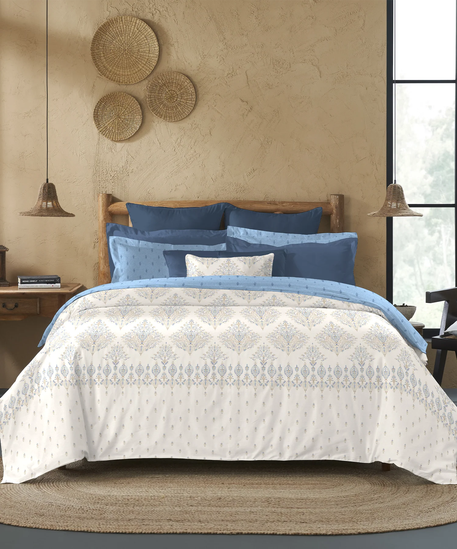 Sanskriti King Bedsheet Gift Set, Kantha Blue| 180 TC Cotton| 2 Pillow Covers