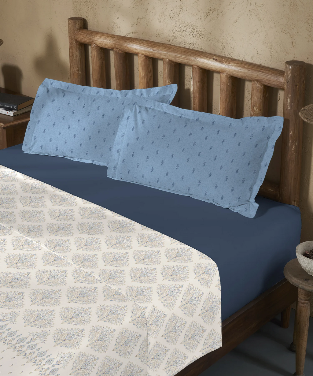 Sanskriti King Bedsheet Gift Set, Kantha Blue| 180 TC Cotton| 2 Pillow Covers