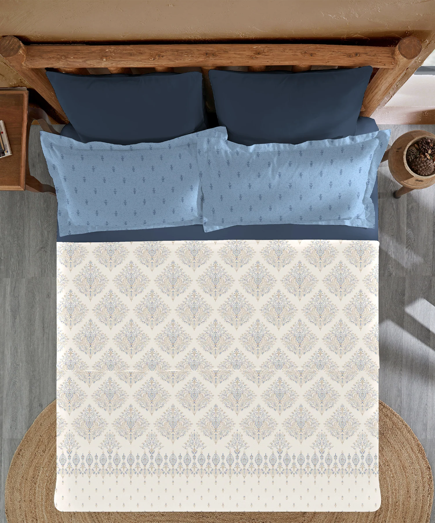 Sanskriti King Bedsheet Gift Set, Kantha Blue| 180 TC Cotton| 2 Pillow Covers