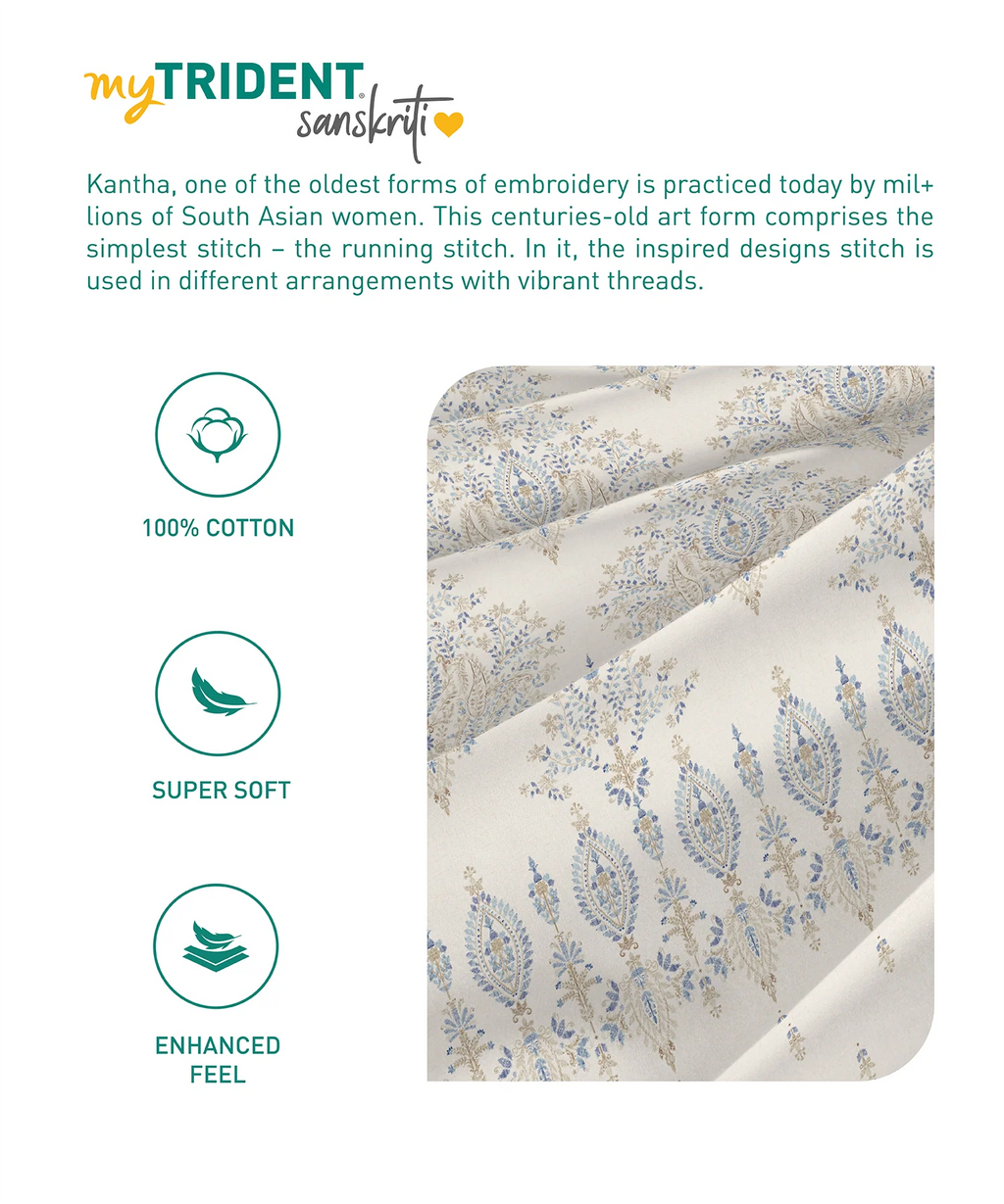 Sanskriti King Bedsheet Gift Set, Kantha Blue| 180 TC Cotton| 2 Pillow Covers