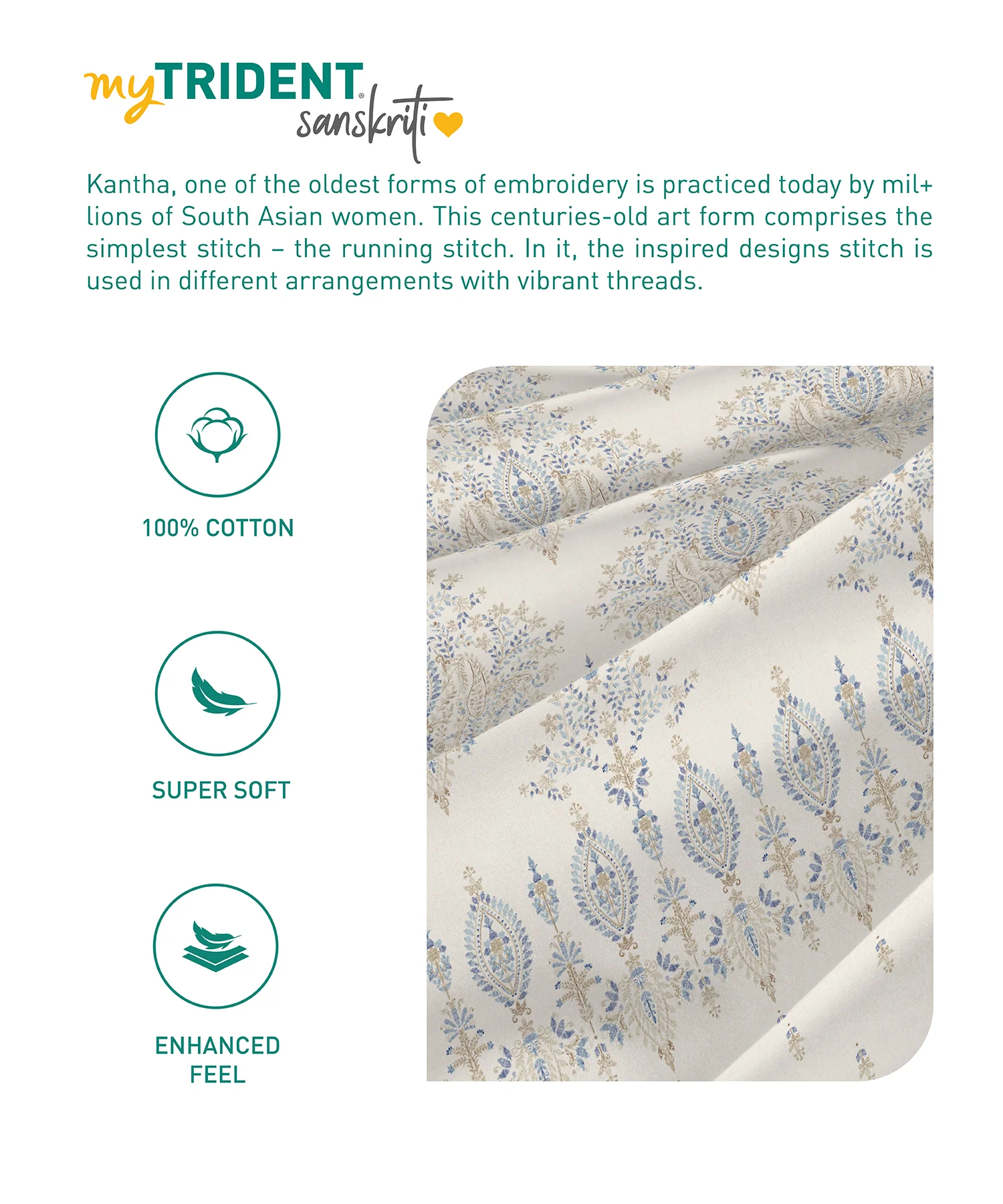 Sanskriti King Bedsheet Gift Set, Kantha Blue| 180 TC Cotton| 2 Pillow Covers