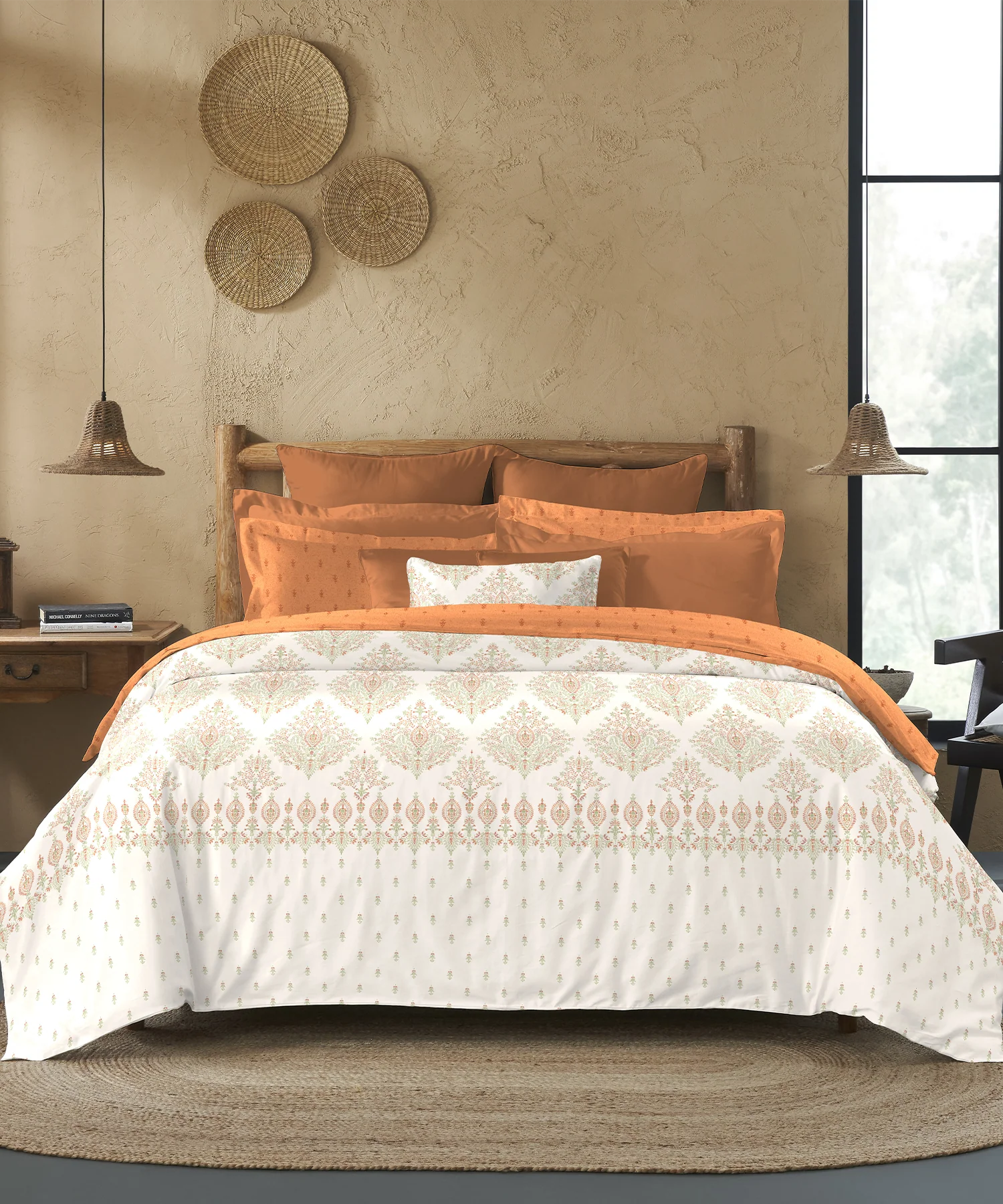 Sanskriti King Bedsheet Gift Set, Kantha Orange| 180 TC Cotton| 2 Pillow Covers