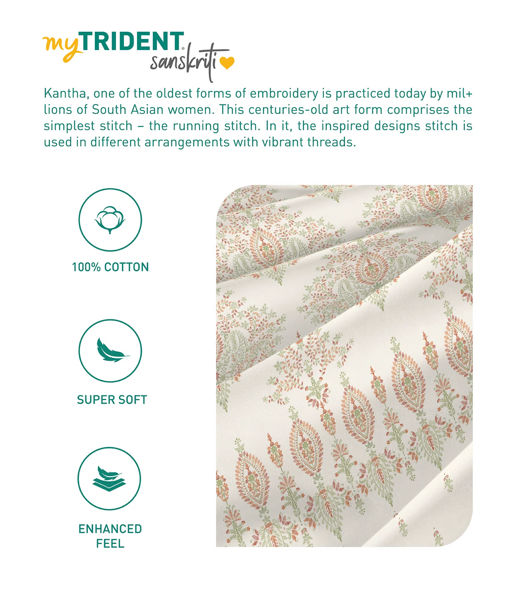 Sanskriti King Bedsheet Gift Set, Kantha Orange| 180 TC Cotton| 2 Pillow Covers