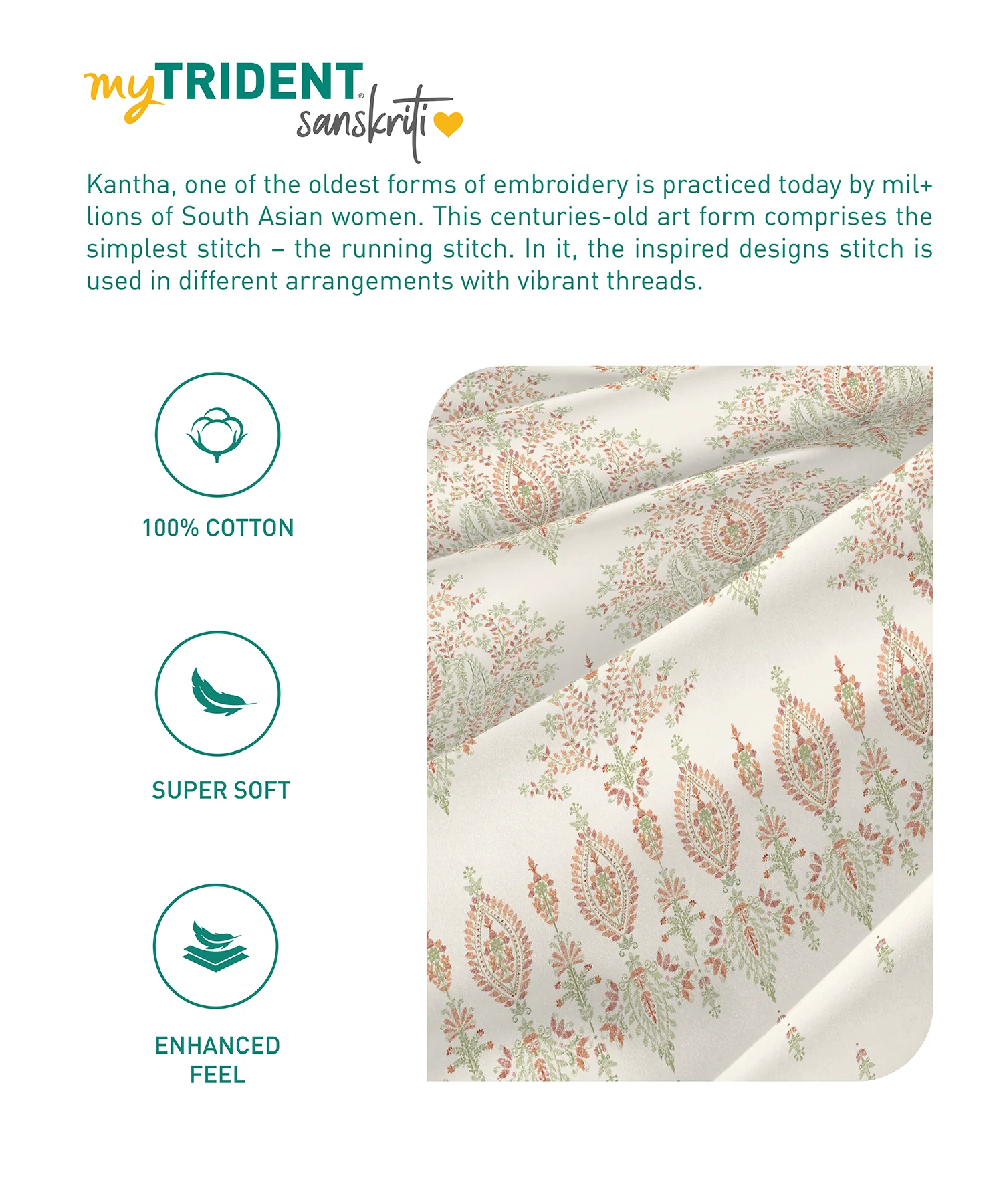 Sanskriti King Bedsheet Gift Set, Kantha Orange| 180 TC Cotton| 2 Pillow Covers