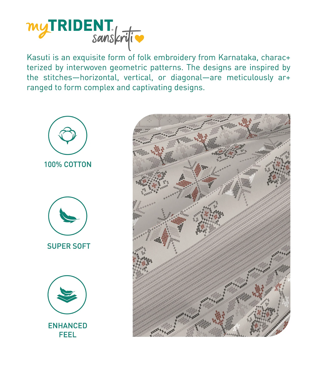 Sanskriti King Bedsheet Gift Set, Kasuti Grey| 180 TC Cotton| 2 Pillow Covers