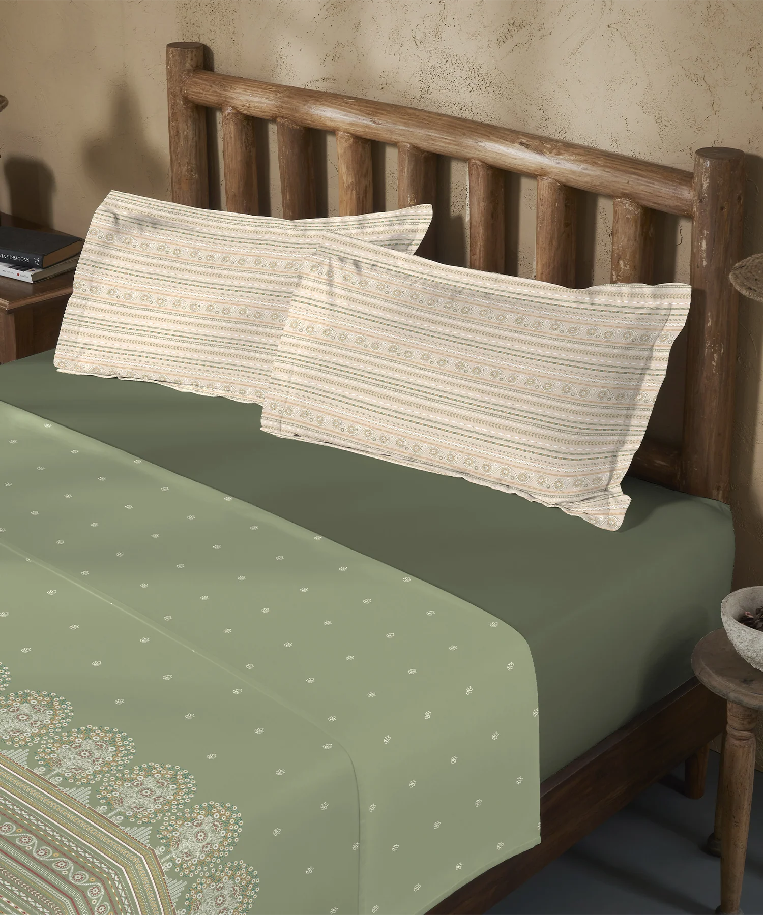 Sanskriti King Bedsheet Gift Set, Rogan Art Olive | 180 TC Cotton| 2 Pillow Covers