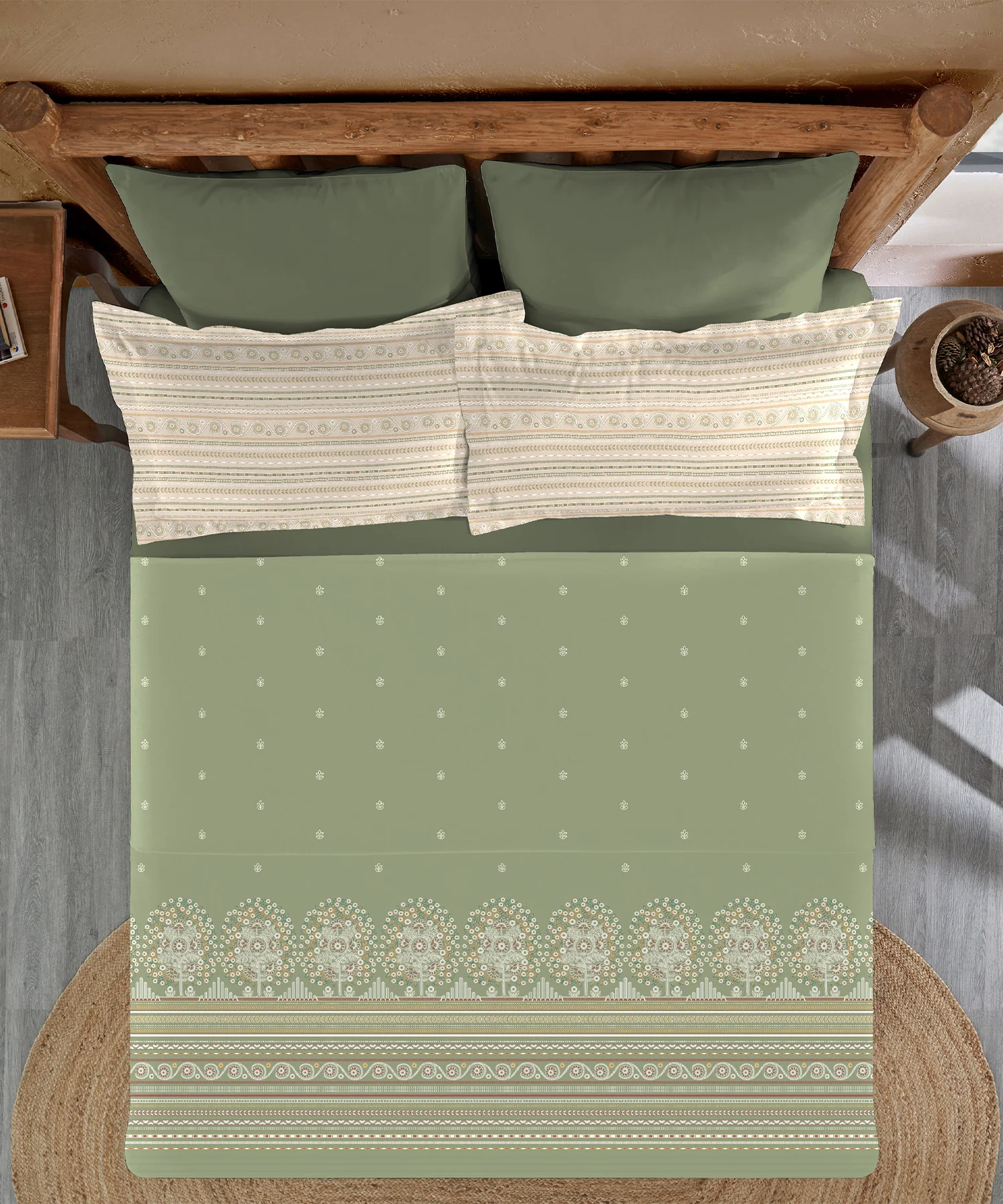 Sanskriti King Bedsheet Gift Set, Rogan Art Olive | 180 TC Cotton| 2 Pillow Covers
