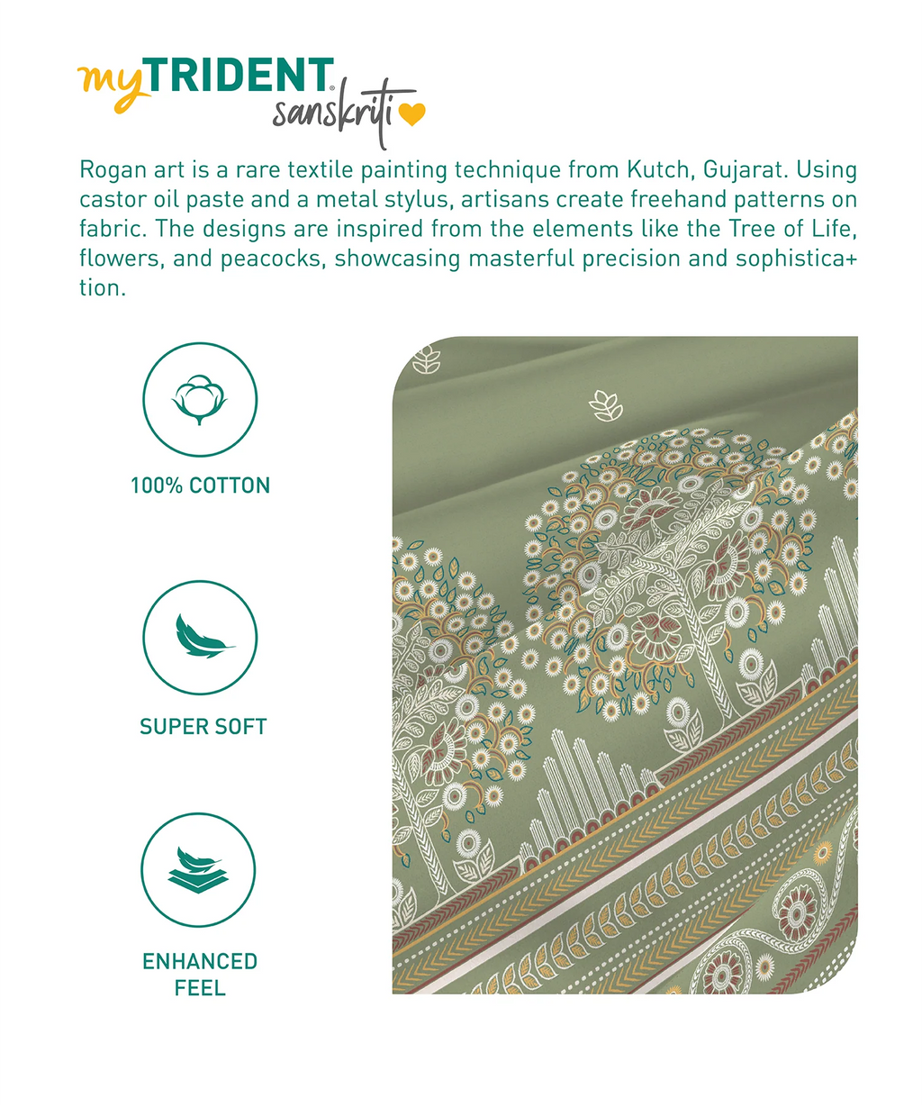 Sanskriti King Bedsheet Gift Set, Rogan Art Olive | 180 TC Cotton| 2 Pillow Covers