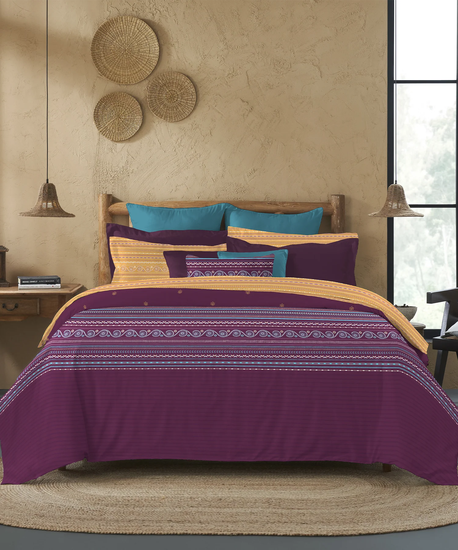 Sanskriti King Bedsheet Gift Set, Rogan Art Plum| 180 TC Cotton| 2 Pillow Covers