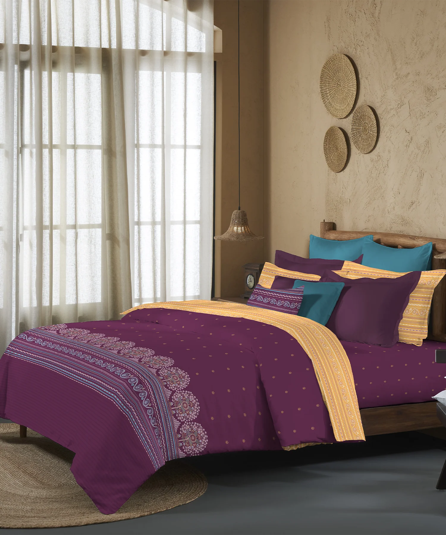 Sanskriti King Bedsheet Gift Set, Rogan Art Plum| 180 TC Cotton| 2 Pillow Covers