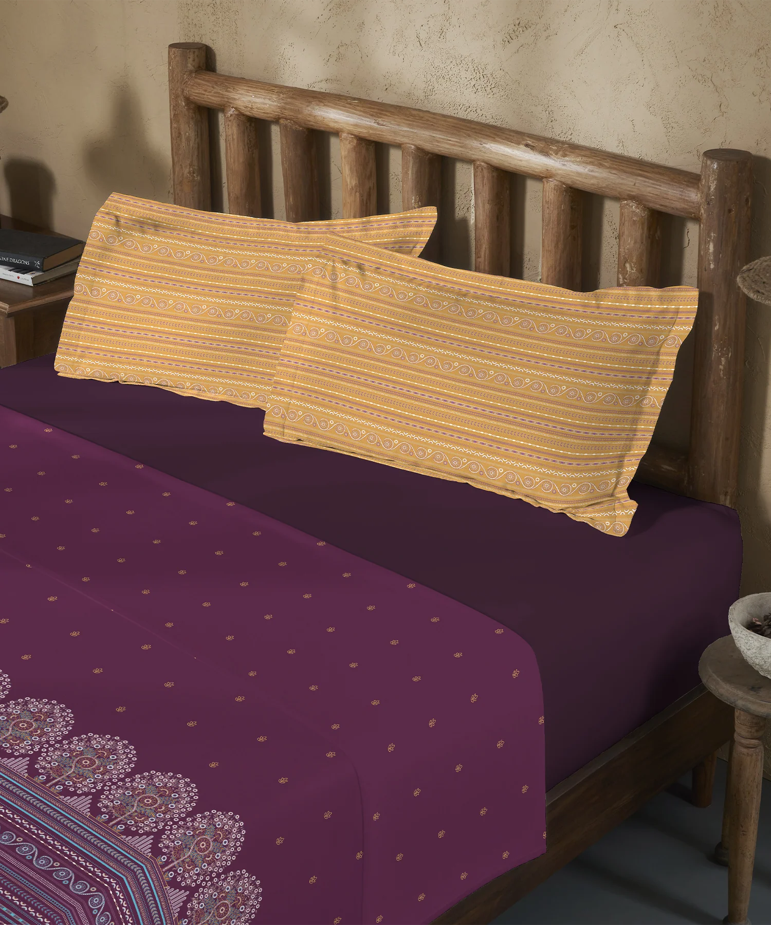 Sanskriti King Bedsheet Gift Set, Rogan Art Plum| 180 TC Cotton| 2 Pillow Covers