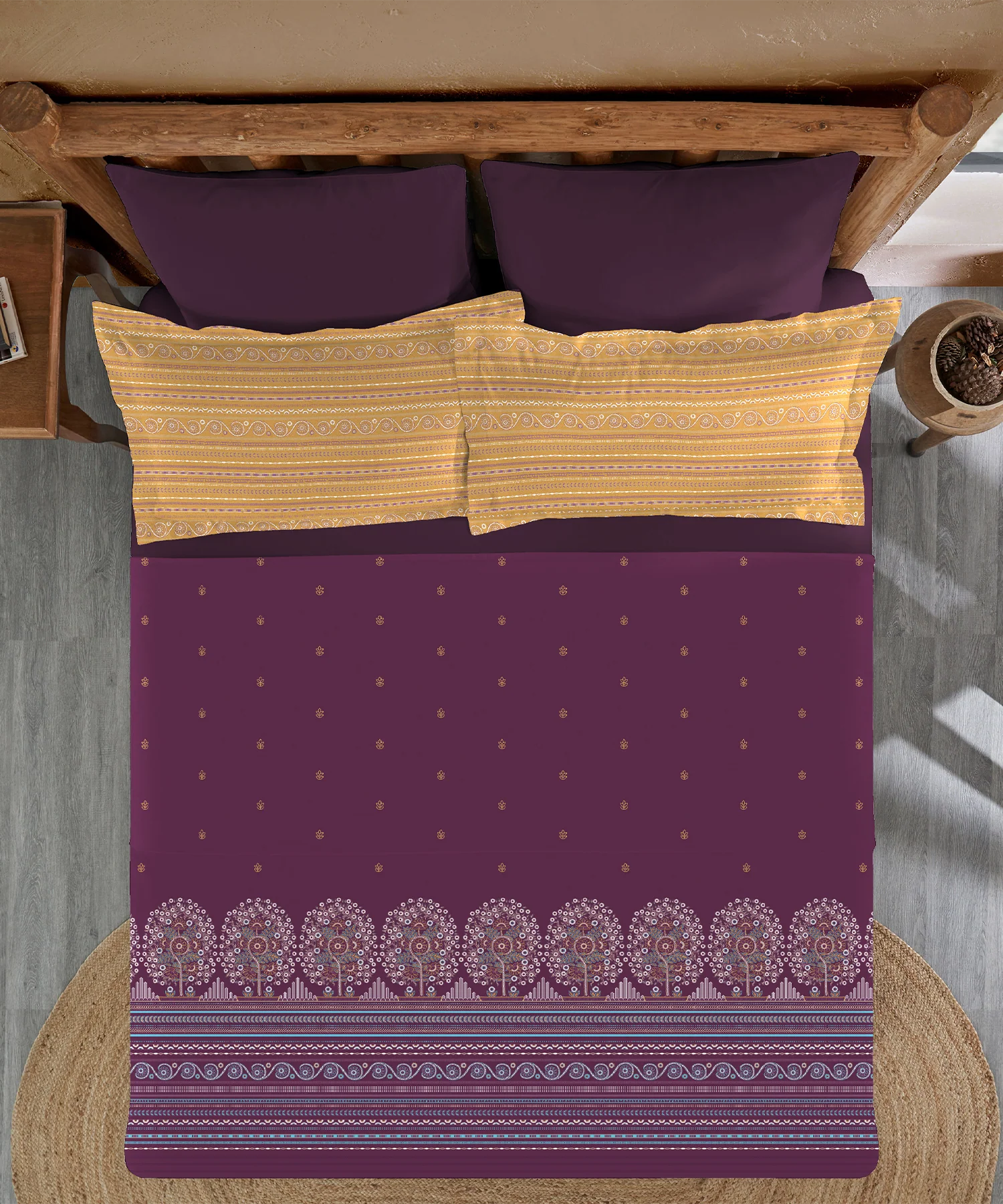 Sanskriti King Bedsheet Gift Set, Rogan Art Plum| 180 TC Cotton| 2 Pillow Covers