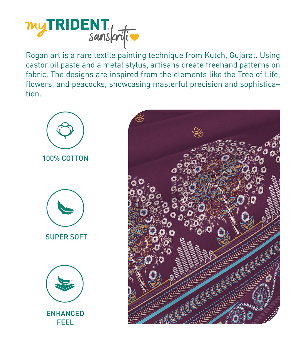 Sanskriti King Bedsheet Gift Set, Rogan Art Plum| 180 TC Cotton| 2 Pillow Covers
