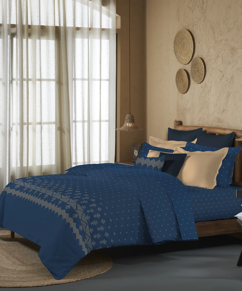 Sanskriti King Bedsheet Gift Set, Phulkari Blue| 180 TC Cotton| 2 Pillow Covers