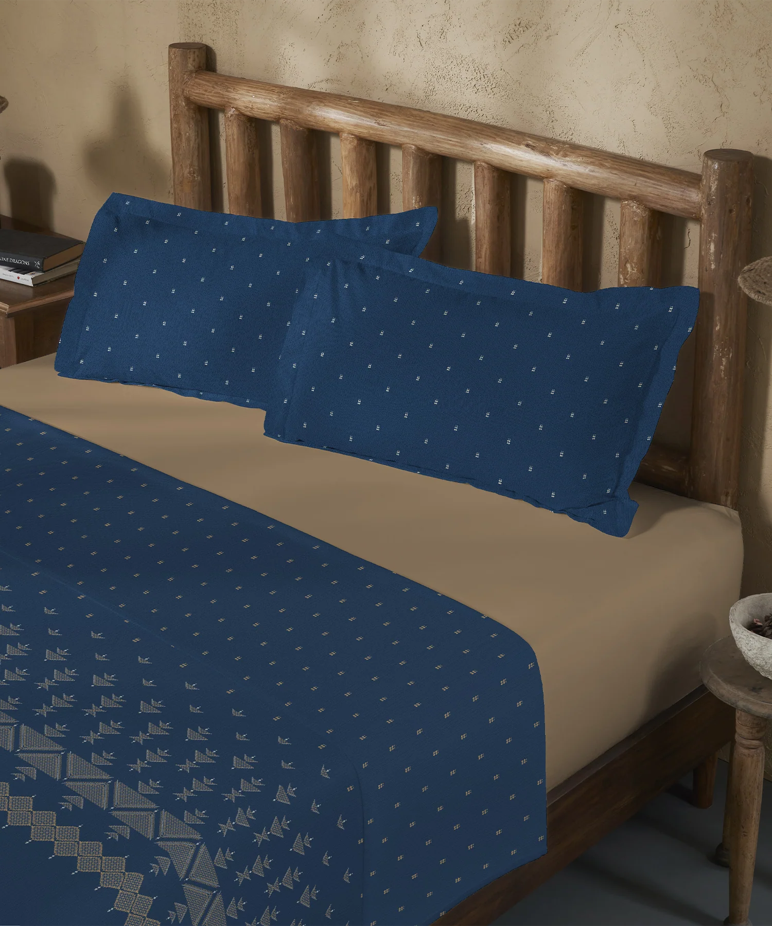 Sanskriti King Bedsheet Gift Set, Phulkari Blue| 180 TC Cotton| 2 Pillow Covers