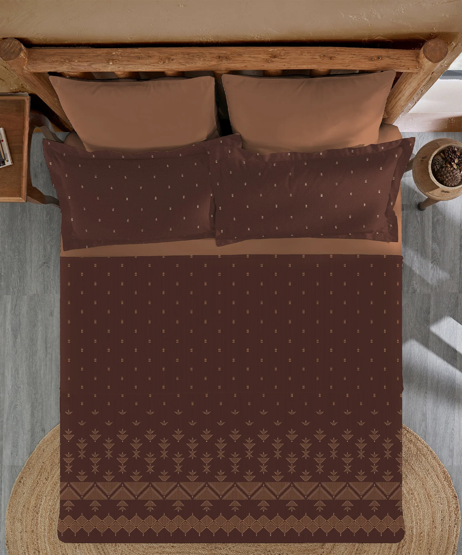 Sanskriti King Bedsheet Gift Set, Phulkari Brown| 180 TC Cotton| 2 Pillow Covers