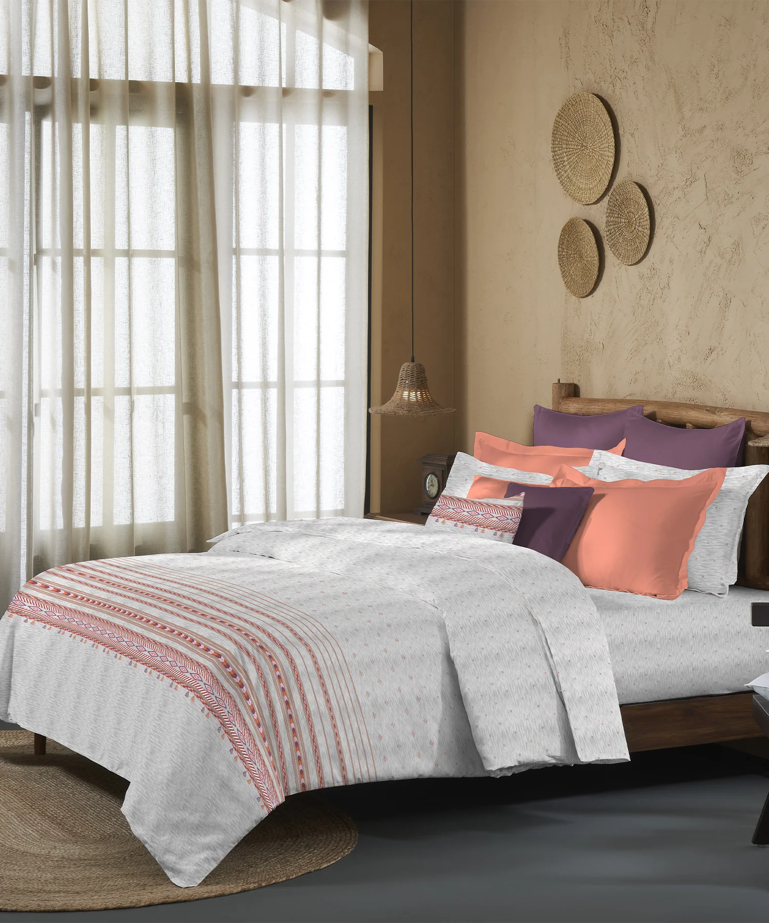 Sanskriti King Bedsheet Set, Kullu Shawl Grey| 180 TC Cotton| 2 Pillow Covers