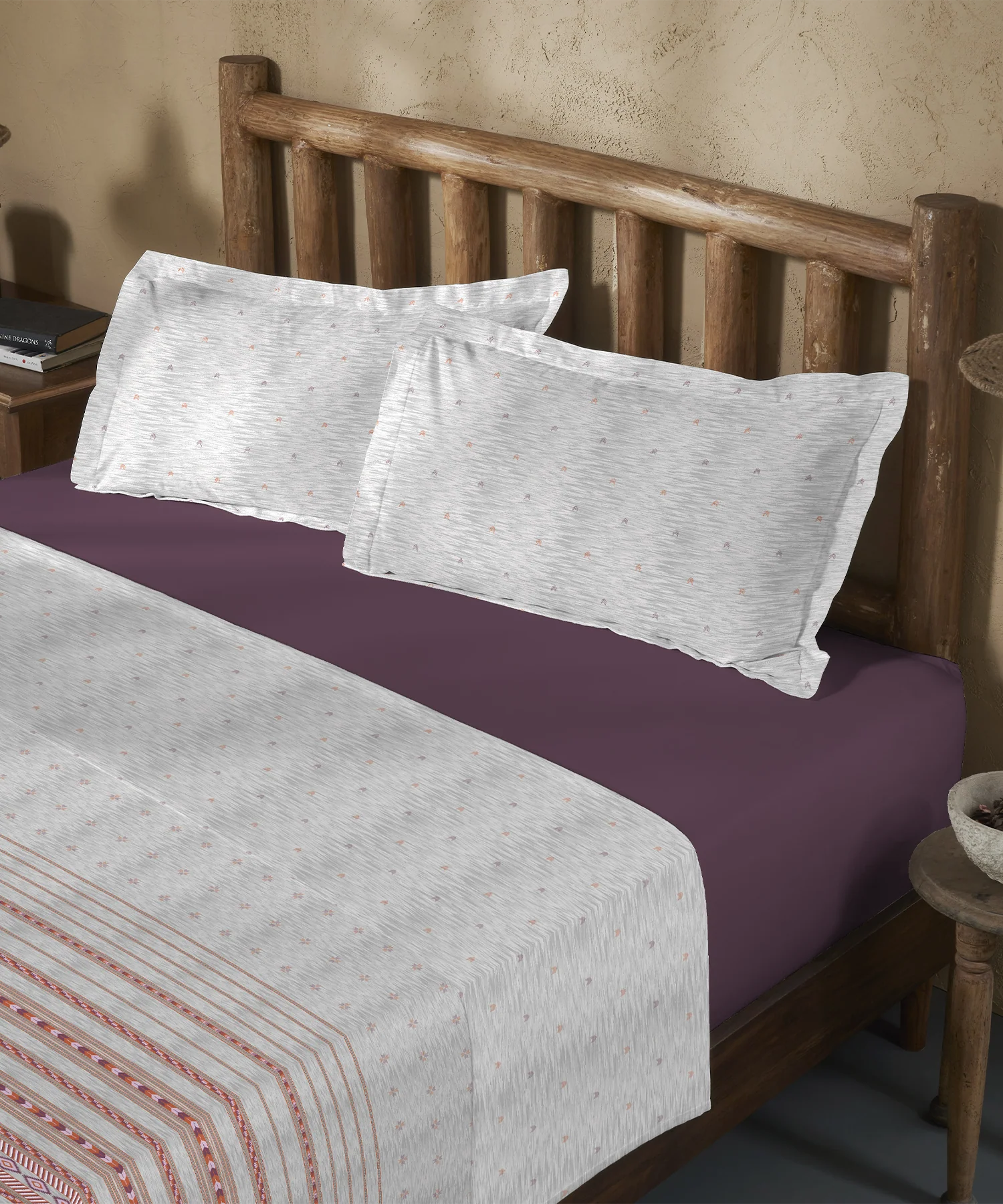 Sanskriti King Bedsheet Set, Kullu Shawl Grey| 180 TC Cotton| 2 Pillow Covers
