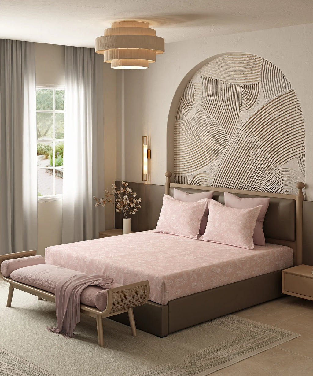 Home Essential Pastel Poetry Floral King Bedsheet, IRAJA BLUSH|144TC Cotton| 2 Pillow Covers