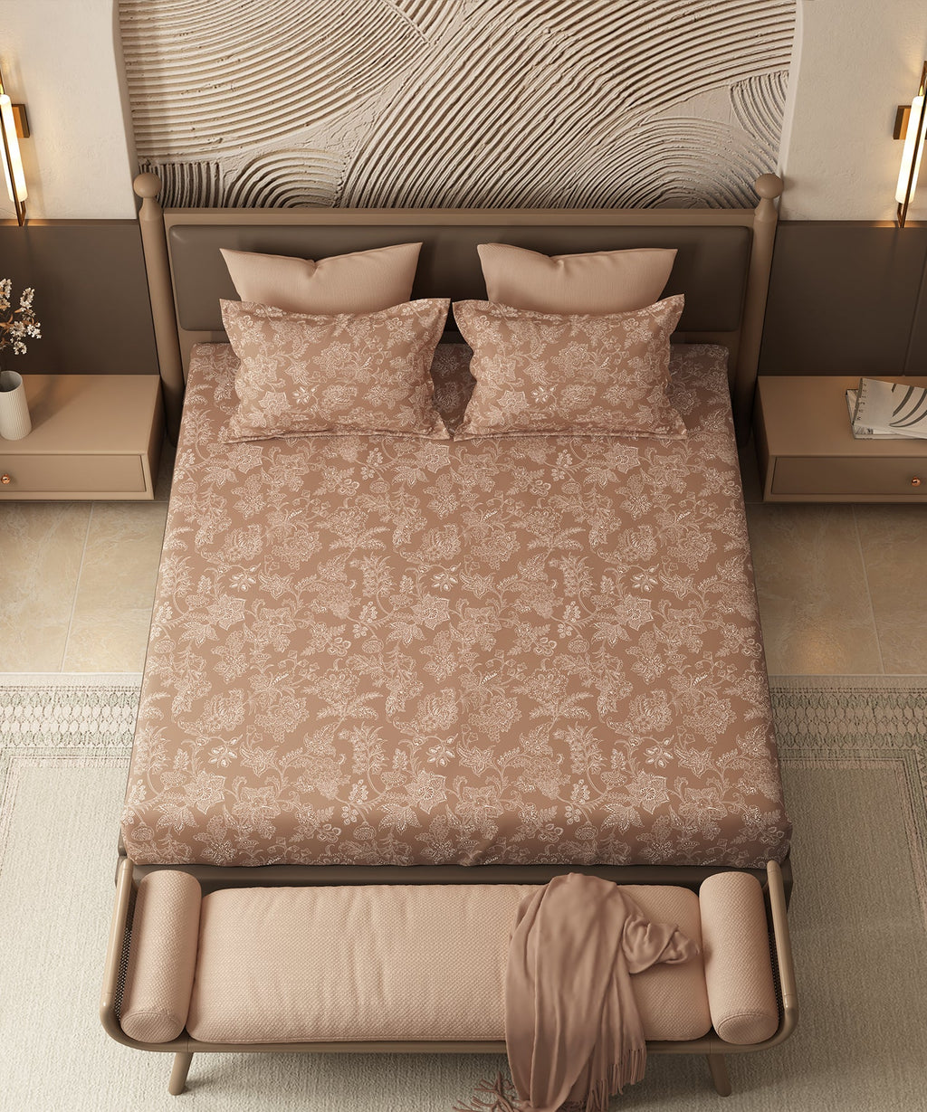 Home Essential Pastel Poetry Floral King Fitted Bedsheet,IRAJA GINGERBREAD|144TC Cotton| 2 Pillow Covers
