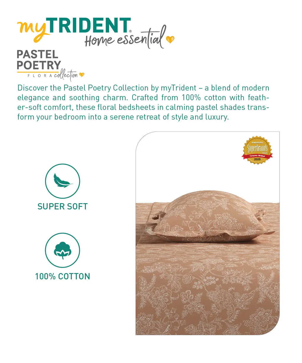 Home Essential Pastel Poetry Floral King Fitted Bedsheet,IRAJA GINGERBREAD|144TC Cotton| 2 Pillow Covers