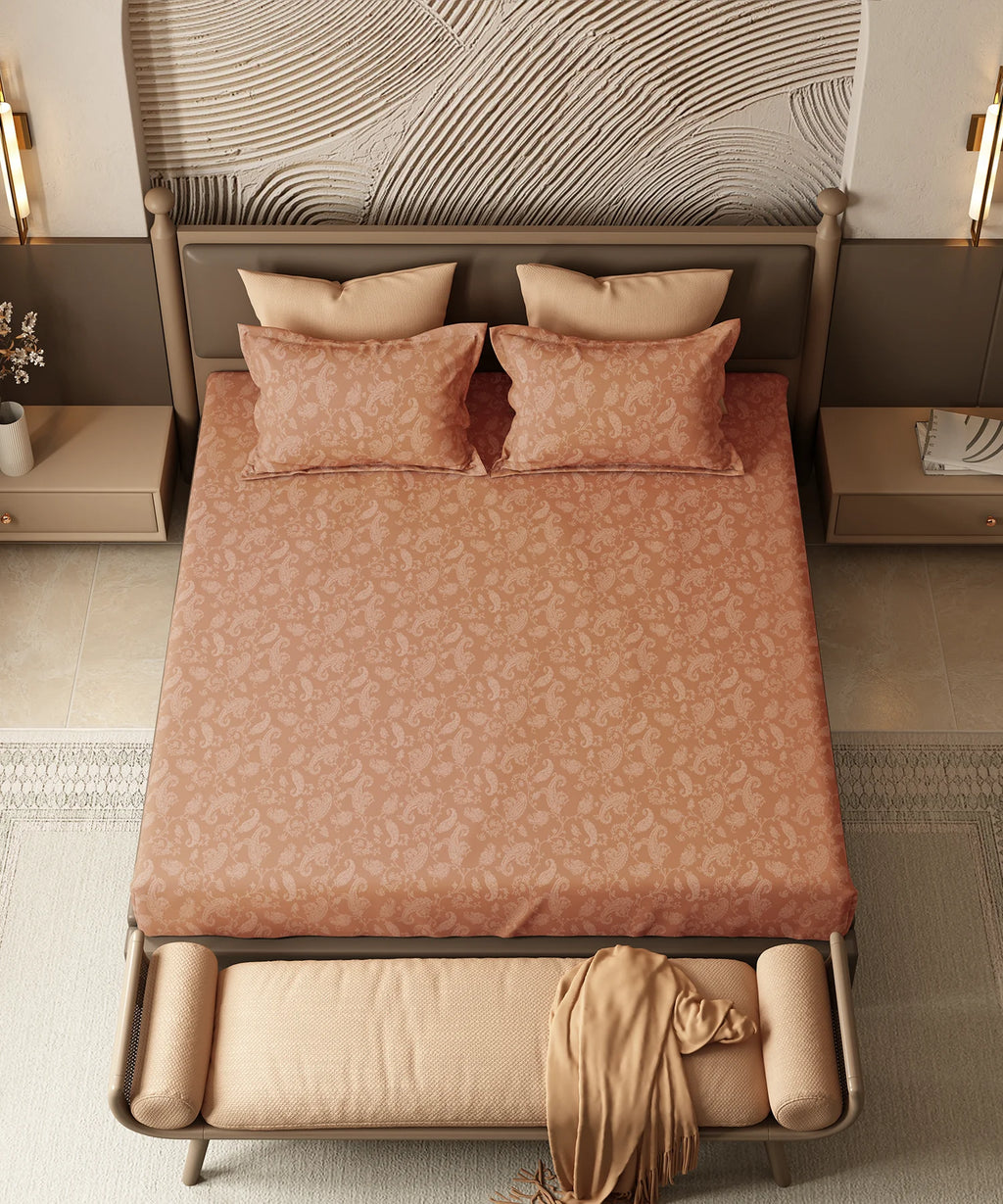 Home Essential Pastel Poetry Floral King Fitted Bedsheet, NITARA PAPAYA|144TC Cotton| 2 Pillow Covers