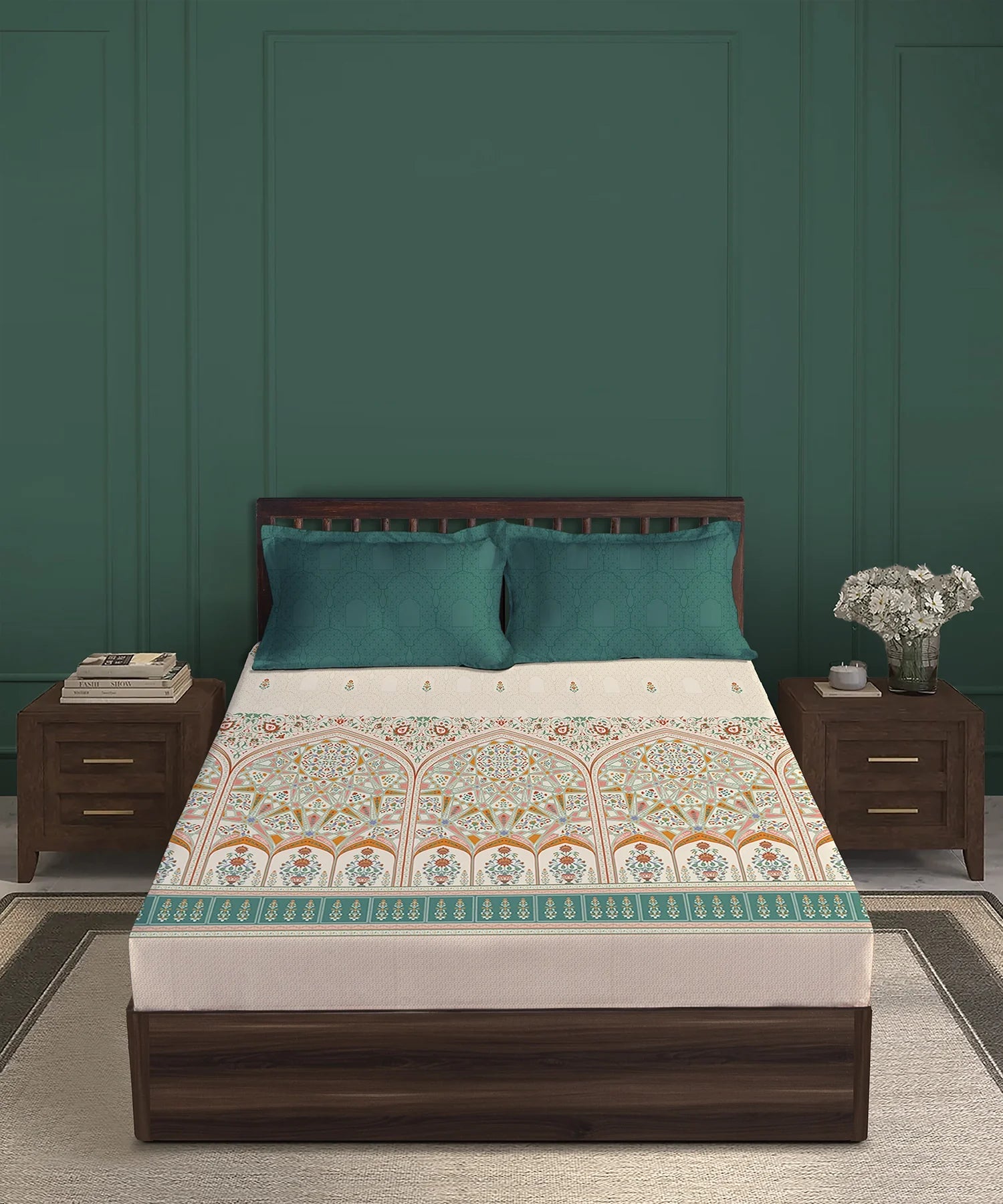 Gates Around The Globe King Bedsheet Set, Arqadia| 180 TC Cotton| 2 Pillow Covers