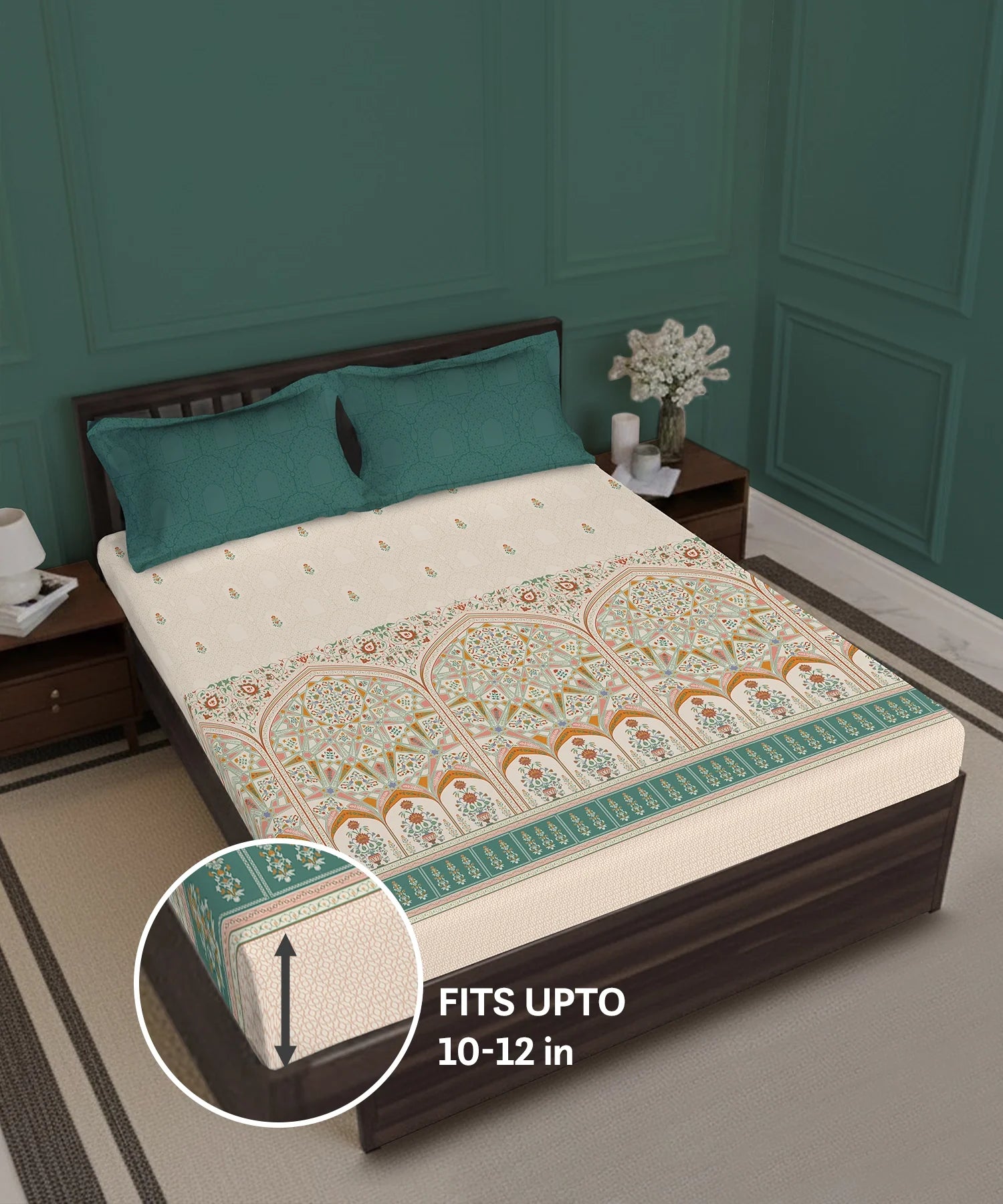 Gates Around The Globe King Fitted Bedsheet Set, Arqadia| 180 TC Cotton| 2 Pillow Covers