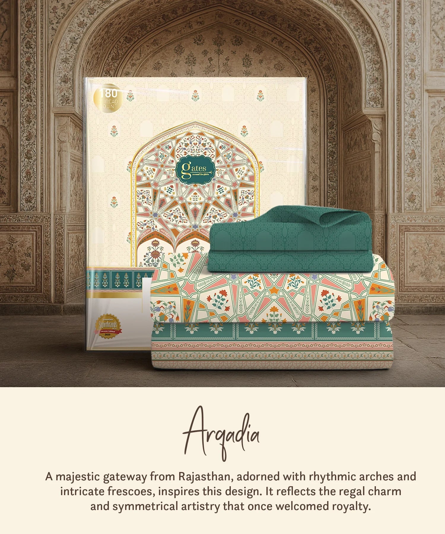 Gates Around The Globe King Fitted Bedsheet Set, Arqadia| 180 TC Cotton| 2 Pillow Covers